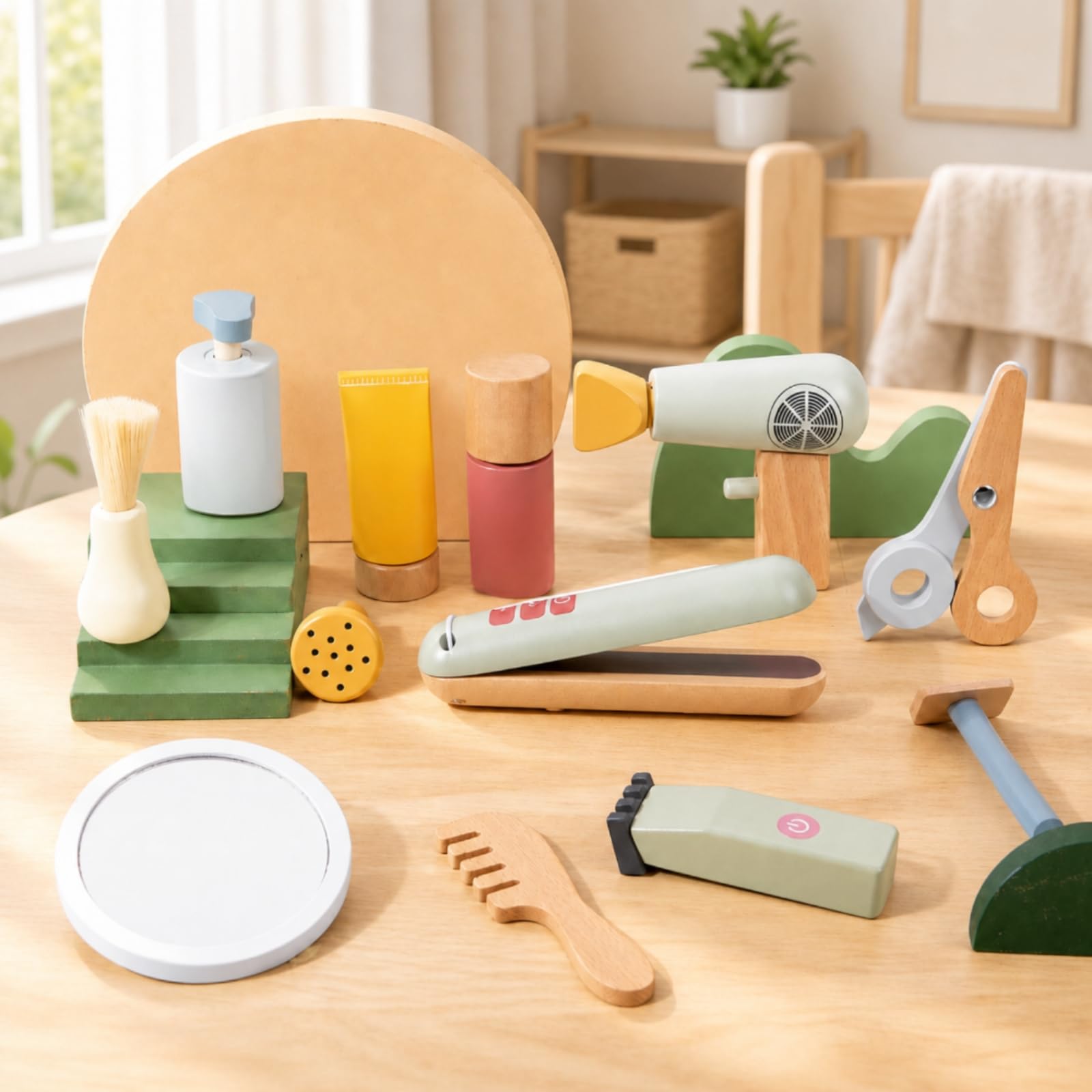 Kit da Parrucchiere in Legno Sicuro Set da Barbiere Giocattolo con Borsa Leggero per Gioco di Ruolo