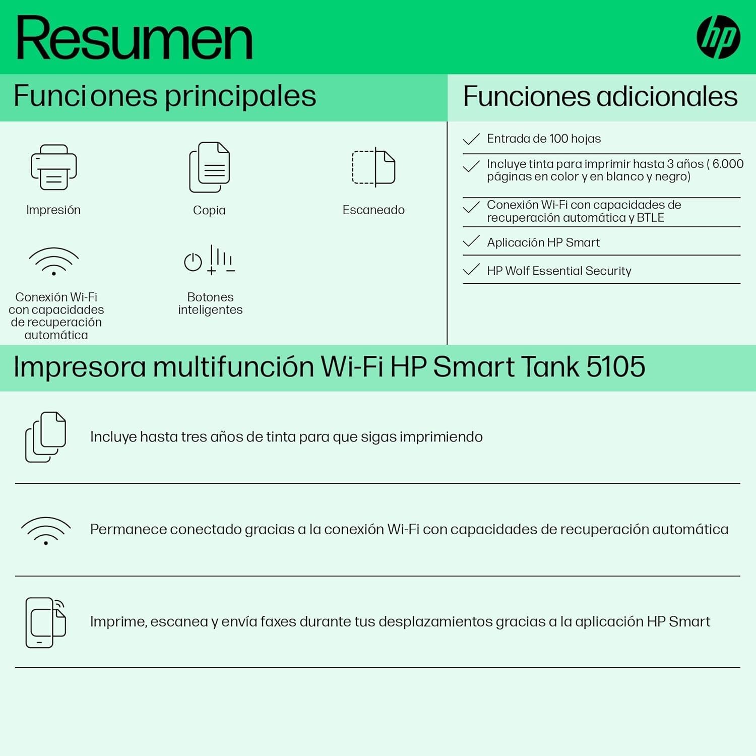HP Smart Tank 5105 Impresora multifunción 3 en 1 Wi-Fi impresión móvil Tinta incluida gran alcance