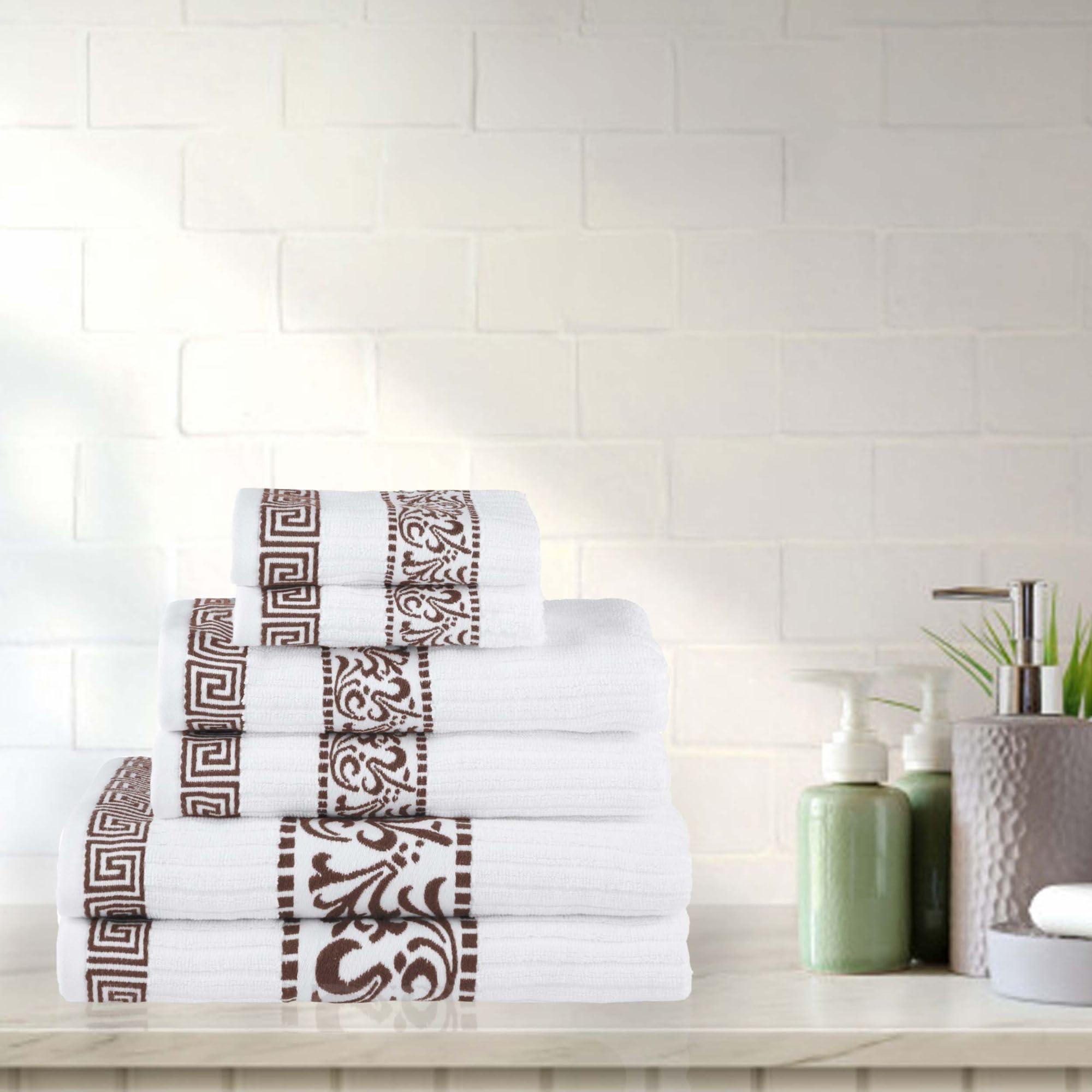 Superior Greek Pattern Decorative 6-Piece Towel Set, Absorbent Premium Cotton, Decor for Bathroom, Spa, Includes 2 Hand, 2 Face, and 2 Bath Towels, Home Essentials, Athens Collection, Chocolate