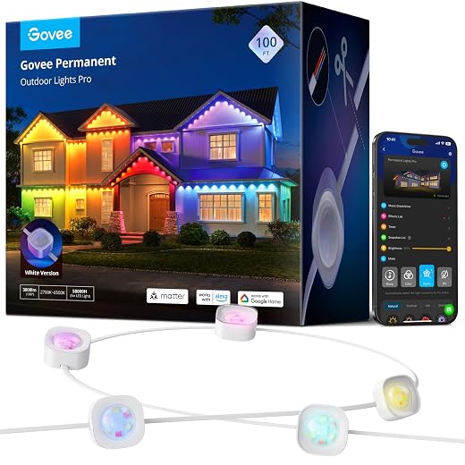 Govee Permanent Outdoor Lights Pro, 100ft with 60 RGBIC LED Lights for Daily and Accent Lighting, 75 Scene Modes for Halloween, IP67 Waterproof, Works with Alexa, Google Assistant, Matter, White