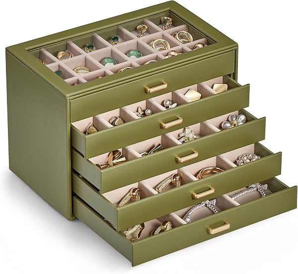 Lolalet Earring Organizer, Jewelry Box with Clear Lid -Sage, 5 Layer