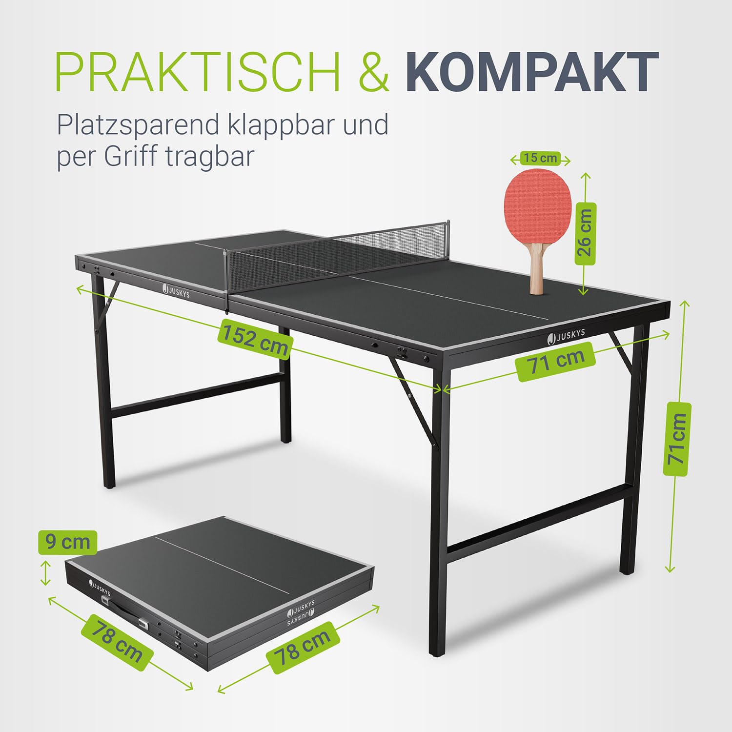 Juskys Tischtennisplatte Mini – Klappbarer Tischtennistisch klein mit Zubehör, Indoor & Outdoor Tischtennis Set Flexi für Zuhause & unterwegs – Schwarz