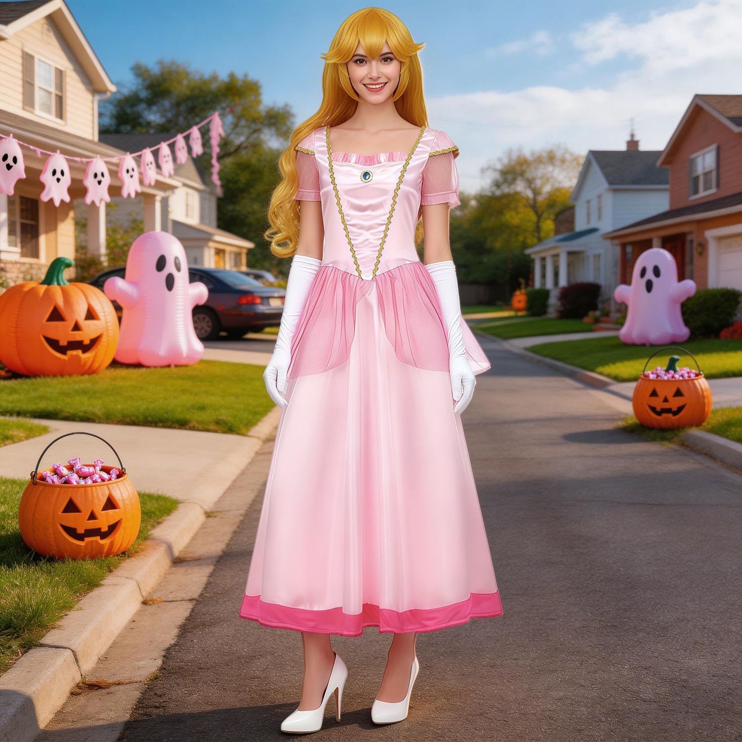 Pink Princess Costume Adult Women Fantasy Ball Gown Royal Cosplay Dress Pink Princess Dress Halloween Party Outfit