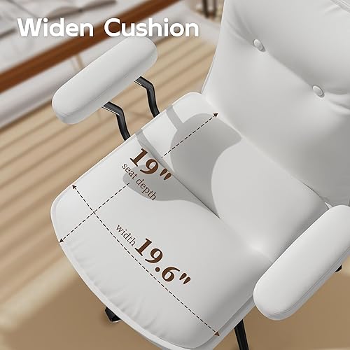 Miniatura 3 de Silla de oficina de cuero blanco con ruedas, asiento ancho de triple capa, altura ajustable, respaldo medio, cómoda silla de escritorio para el