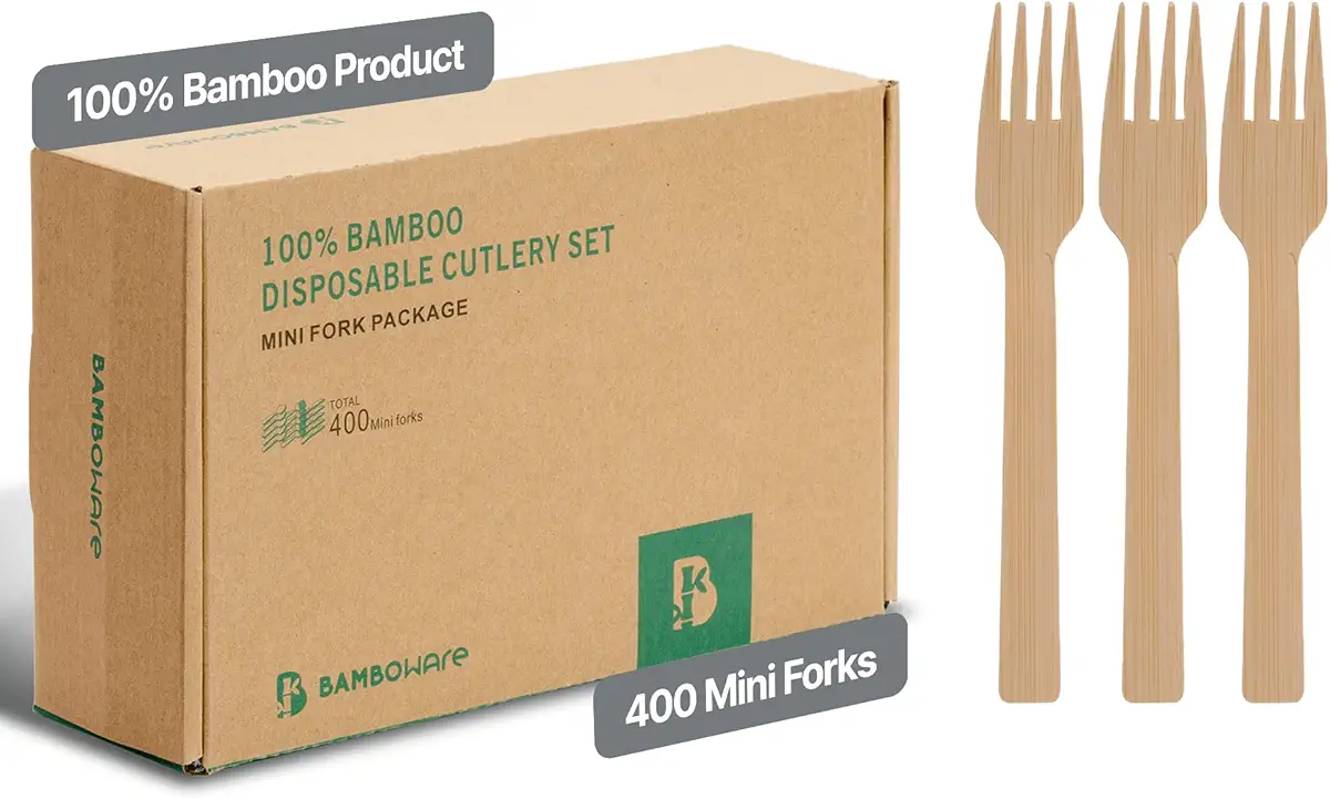 100% Bamboo Cutlery Set (400 pcs) - Natural Eco Mini 5.5&#34; Bamboo Forks, Travel Flatware Set - Heavy Duty Disposable Silverware Set - Carbonized Compostable Biodegradable Utensils For Party Camping BBQ