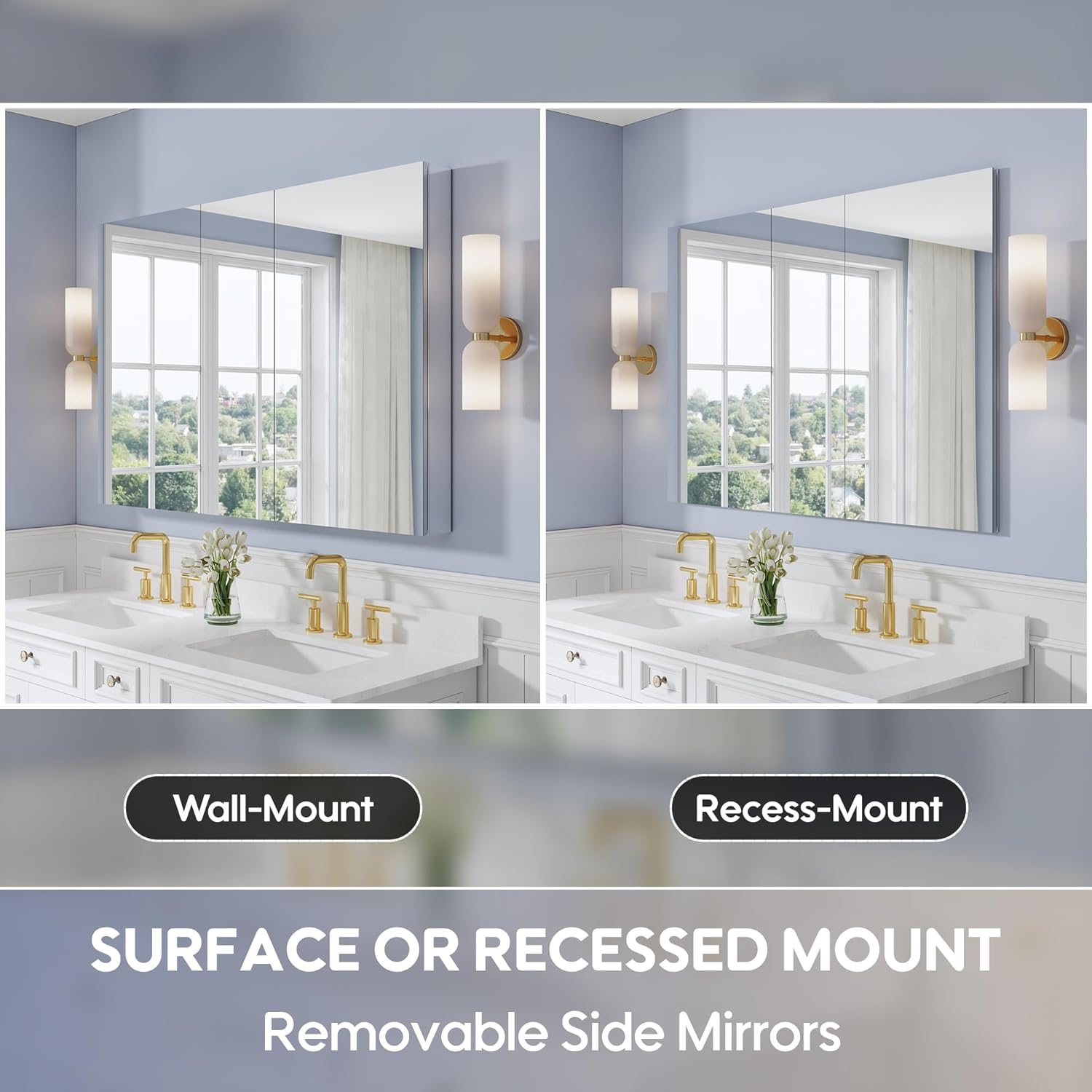 WELLFOR 52" x 36" Bathroom Medicine Cabinet with Mirror, Anodized Chrome Aluminum Frame, Surface Mount or Recessed Medicine Cabinet with Mirror, Bathroom Mirror with Storage, Three Doors