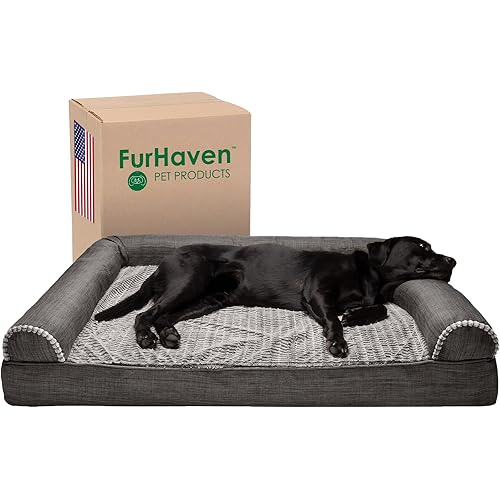 Furhaven Orthopedic Dog Bed for Large Dogs w/ Removable Bolsters & Washable Cover, For Dogs Up to 125 lbs - Luxe Faux Fur & Performance Linen Sofa - Charcoal, Jumbo Plus/XXL