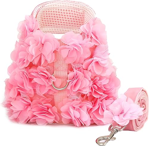 Juego de arnés y correa para cachorro, arnés de encaje rosa floral para perros pequeños, lindo arnés de malla suave a prueba de escapes para