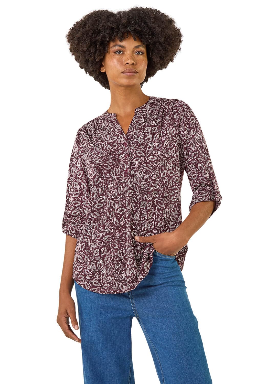 Roman Women's Leaf Print V-Neck Stretch Top in Burgundy | Size: 10