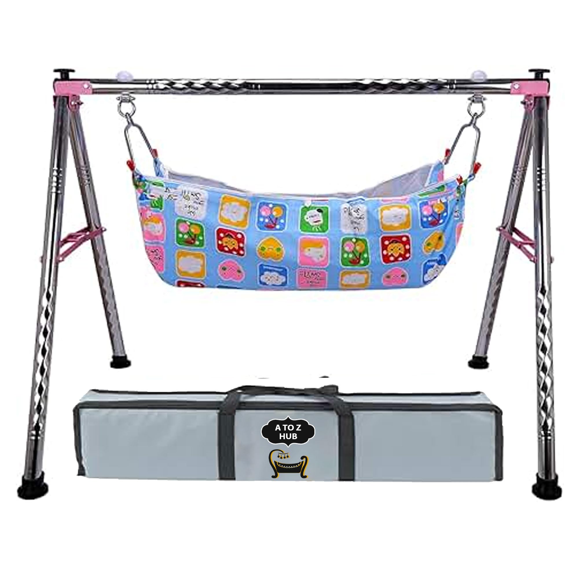 A TO Z HUB Baby Boy's and Girl's Portable Folding Swing Cradle/ghodiyu/parna/jhula, with Free Baby Cotton Cloth. (Regular Folding Round Pipe (Pink))