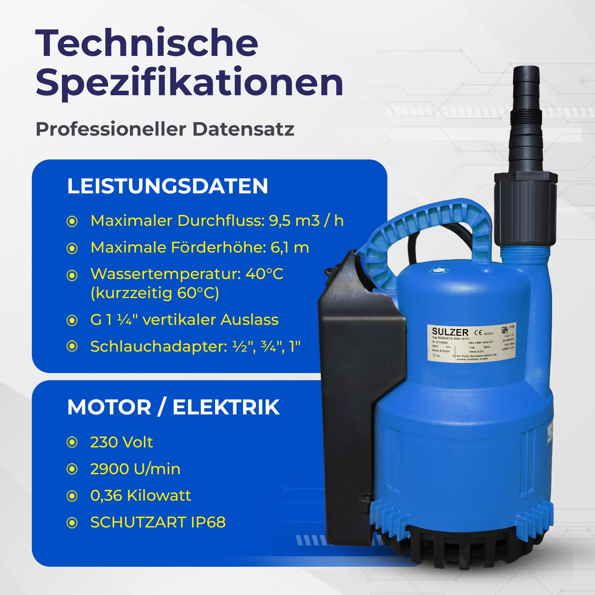 SULZER ABS Robusta 200 Schmutzwasserpumpe bis 9.500 Liter/Stunde max. 6,1m Förderhöhe Flachabsaugung bis 3mm und 10m Kabel Art. 01135066