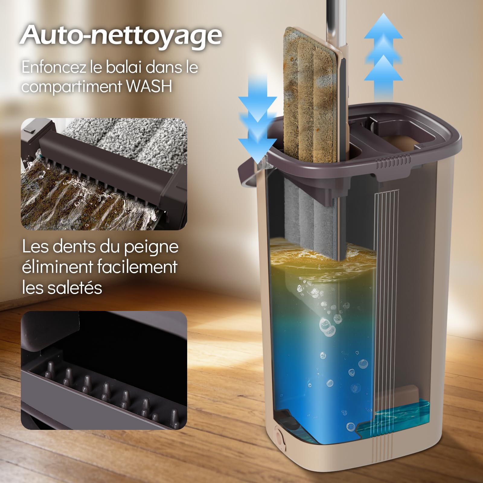 MASTERTOP Balai Serpillière et Seau Essoreur, Balai Microfibre Rotatif 360° et Seau à 2 Compartiments, Serpillière de Mains Libre pour Nettoyage de Sol, avec 6 Tampons Réutilisables (Beige)
