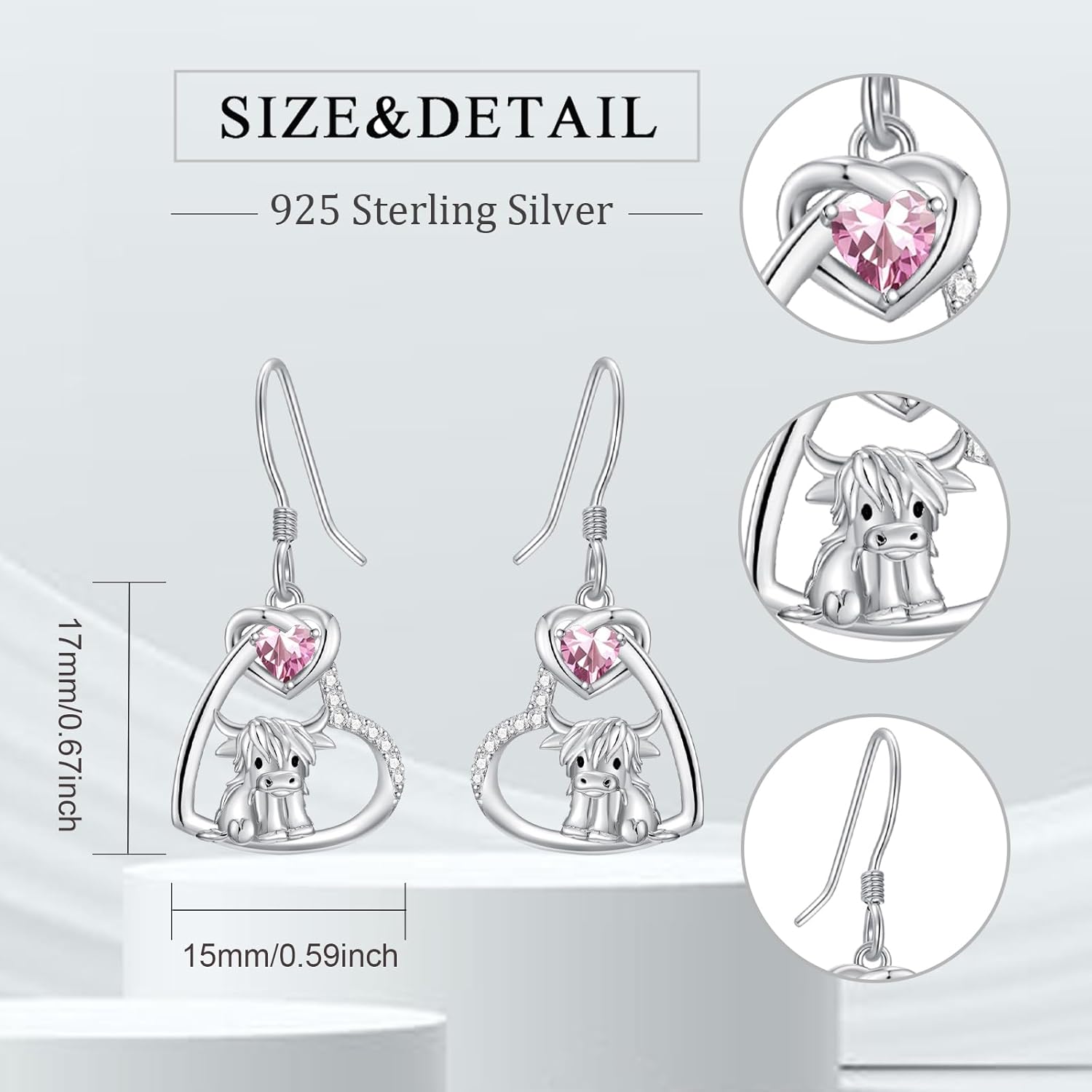 Birthstone Highland Cow Earrings 925 Sterling Silver Scotland Cow Dangle Drop Earrings Western Jewelry Gifts for Women Mom Cow Lover - Image 2