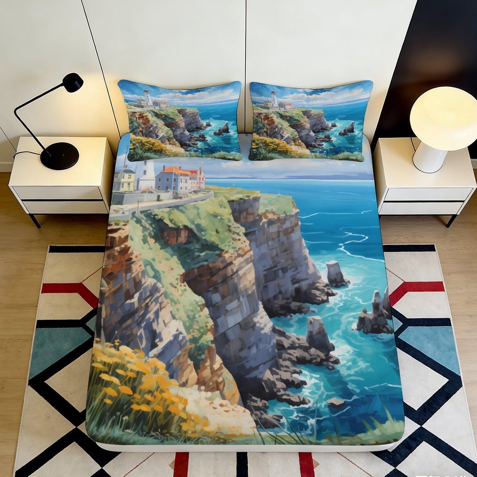 3D Printed Coastal Cliff Fitted Sheet Microfiber Soft Breathable Ocean View Mattress Cover for Bedroom Dormitory Guest Room Mattress Protection Decor 180x200x25cm