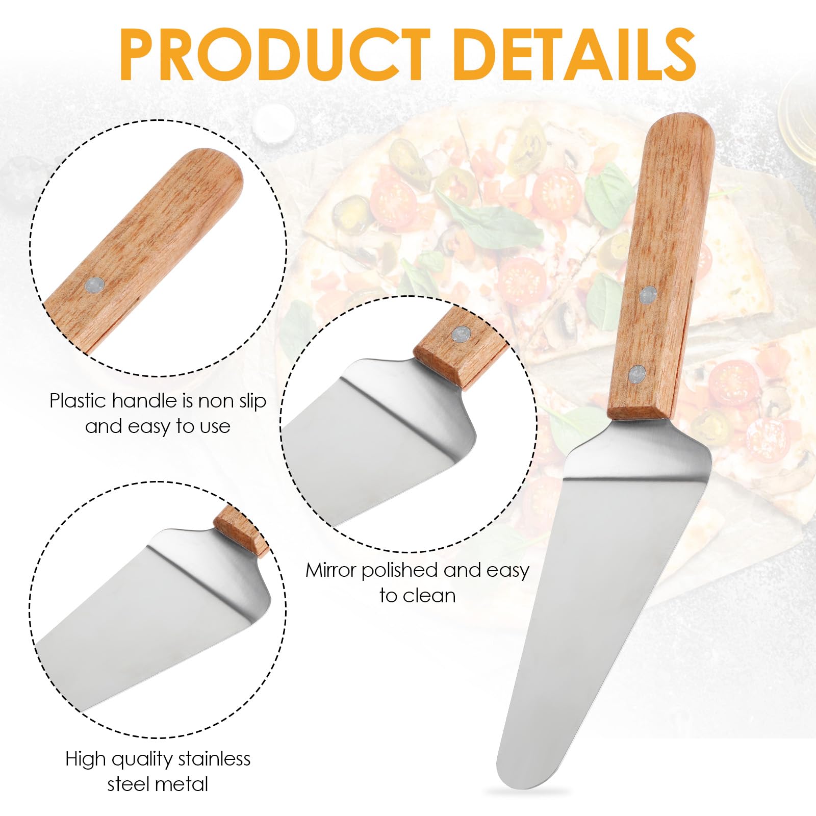 12 espátulas para servir pizza, con mango de madera, de acero inoxidable, aptas para pizza, fáciles de agarrar, espátulas para tartas, cuchillos y pasteles