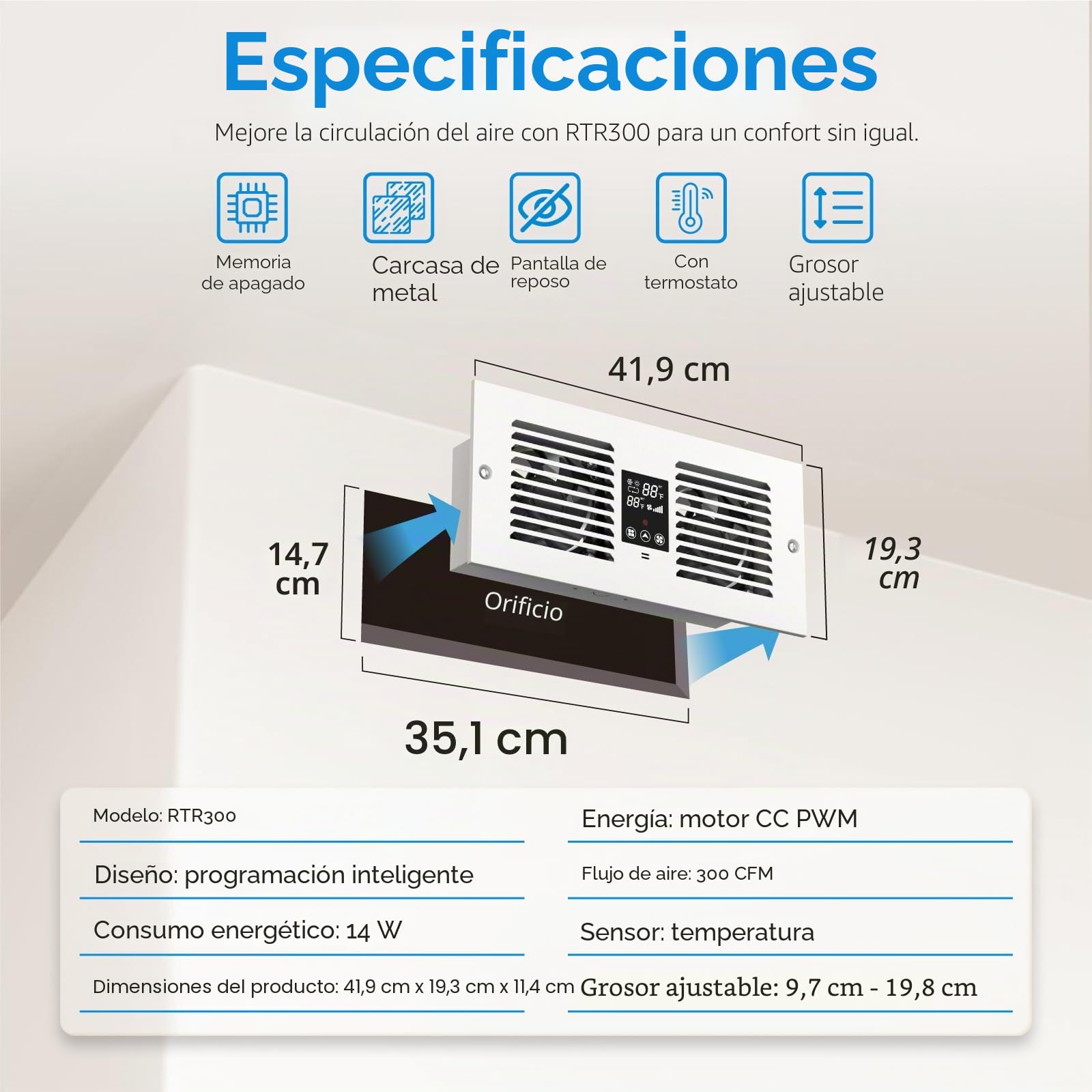 Ventilador de habitación a habitación con control remoto, ventilador de pared de 300 CFM con control de temperatura, ventilación circulante de 5 velocidades, para cocina, lavandería