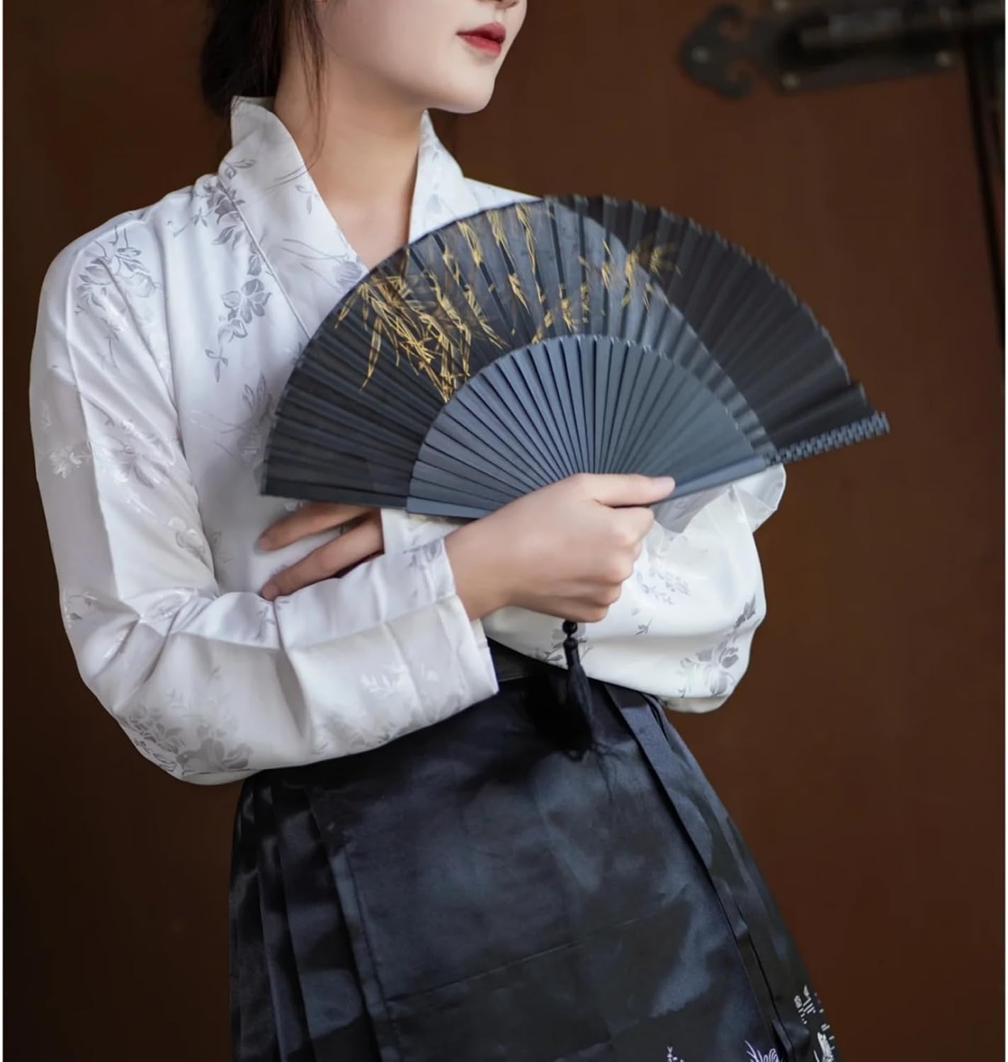 Black Bamboo Handheld Silk Folding Fan with Bamboo Frames 8.66"(22cm) Chinese/Japanese Style Hand Fan for Dancing Cosplay Wedding Party Props Decoration, Birthday Gift (Black Bamboo)