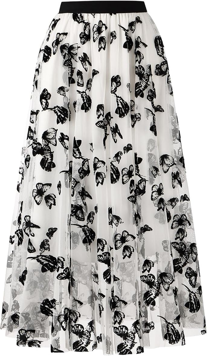 Skirts for Women Midi Long Length Dressy Casual Trendy Summer Tulle A-Line Floral High Waist Skirt