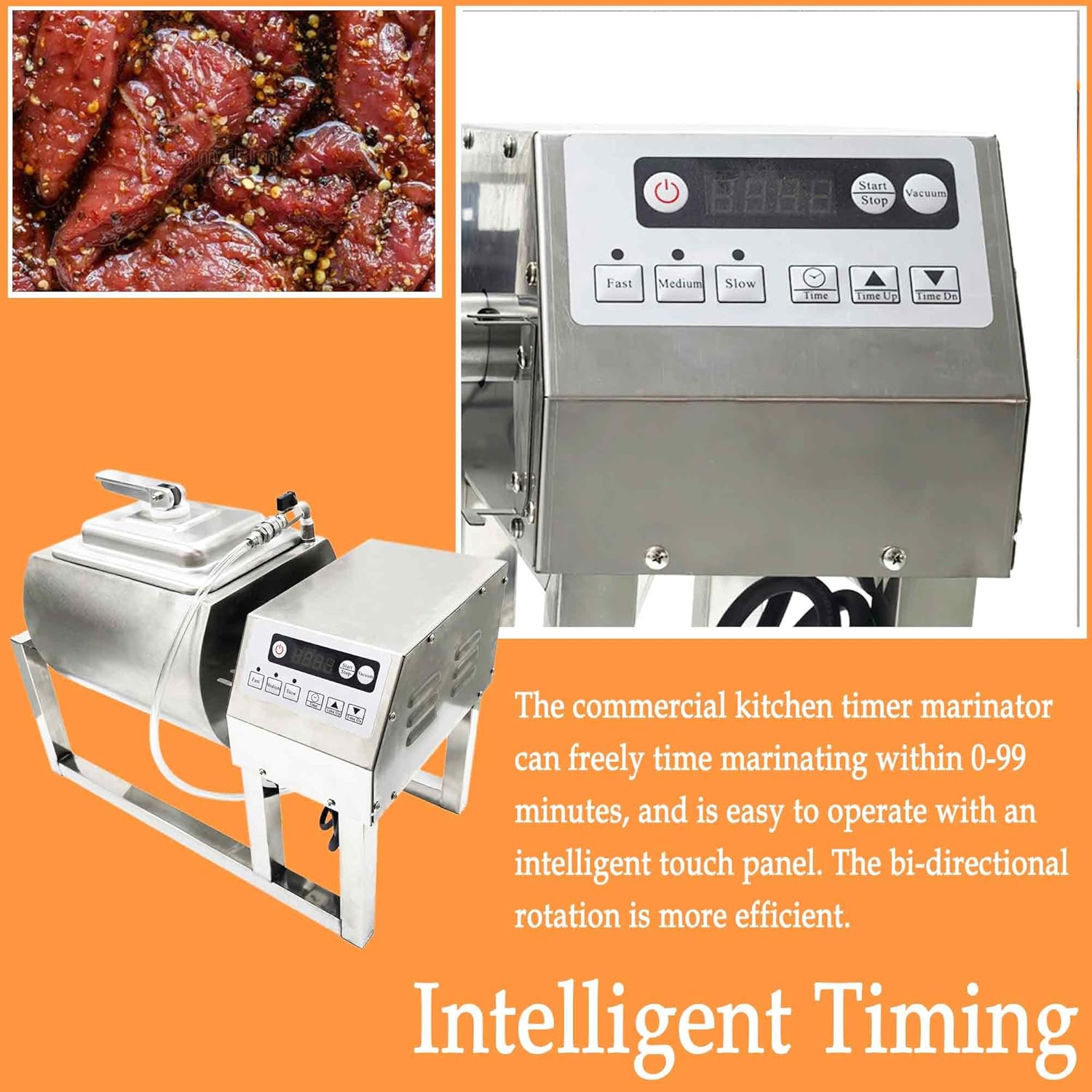 110V 15L Vacuum Pump Meat Tumbler Marinator, 80W Stainless Steel Circular Barrel for Meat, Vegetables, Chicken, 360° Rotation, Automatic Timer, Fast Flavor Infusion