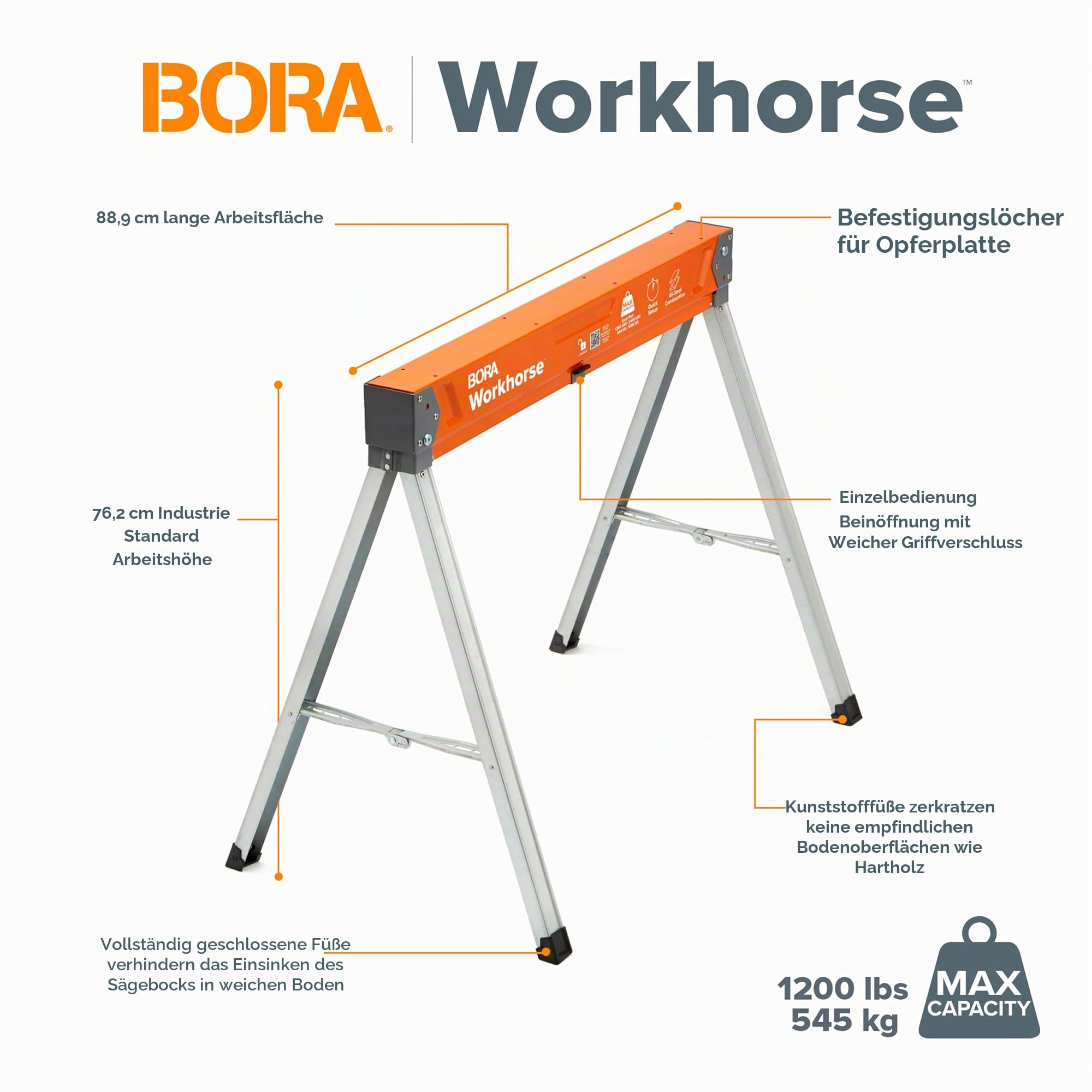 BORA Arbeitsböcke mit robustem Stahlrahmen, 500 kg Tragfähigkeit. Arbeitsbock 2er set. Unterstellblock - PM-3330T, Orange/Abendrot im Zickzackmuster (Sunset Chevron) | Sägebock 2er Set mit 2x4 Halterung & Stahlrahmen – klappbar, tragbar, für Werkbank & Ba