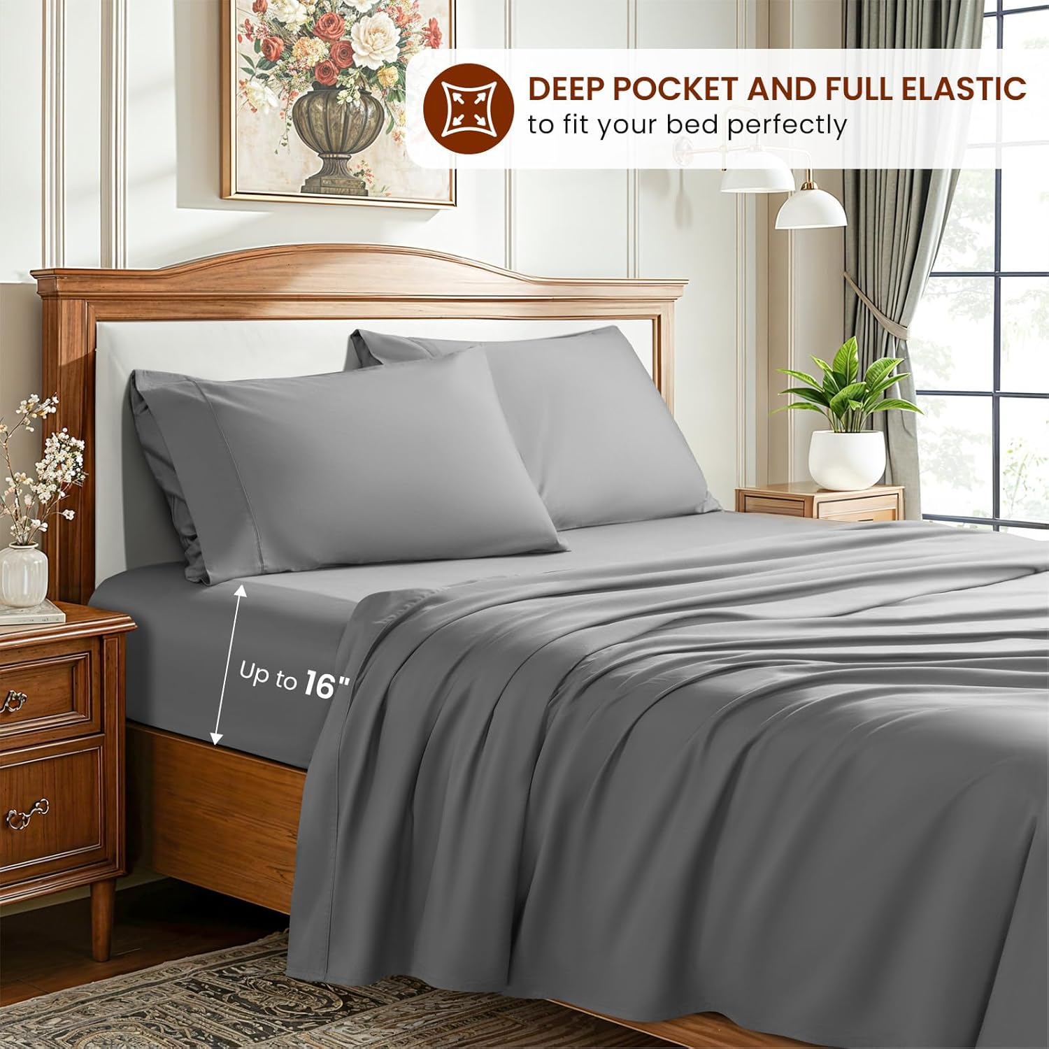 LBRO2M 1500 Thread Count Sheets 100% Egyptian Cotton Sheets Set 16 Inches Deep Pocket Queen Size Bedding 4 Pcs Sets (Queen, Gray)