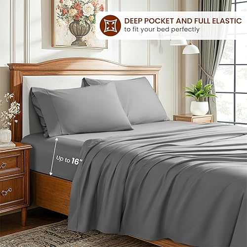 Miniatura 5 de LBRO2M Juego de sábanas de 1500 hilos 100% algodón egipcio, juego de sábanas de 16 pulgadas de profundidad tamaño Queen, juego de 4 piezas (Queen,