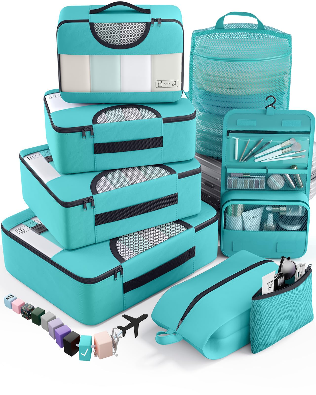 veken 8 set packing cubes for travel essentials, suitcase organizer bags in 4 sizes, carry-on luggage accessories with large laundry & hanging toiletry bag, must-have for airplane, road trip & camping