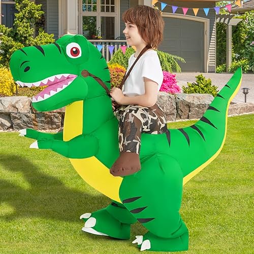 Miniatura 3 de COMIN Disfraz inflable de dinosaurio para niños, disfraz de dinosaurio inflable de T-Rex, vestido divertido verde para fiesta de Halloween