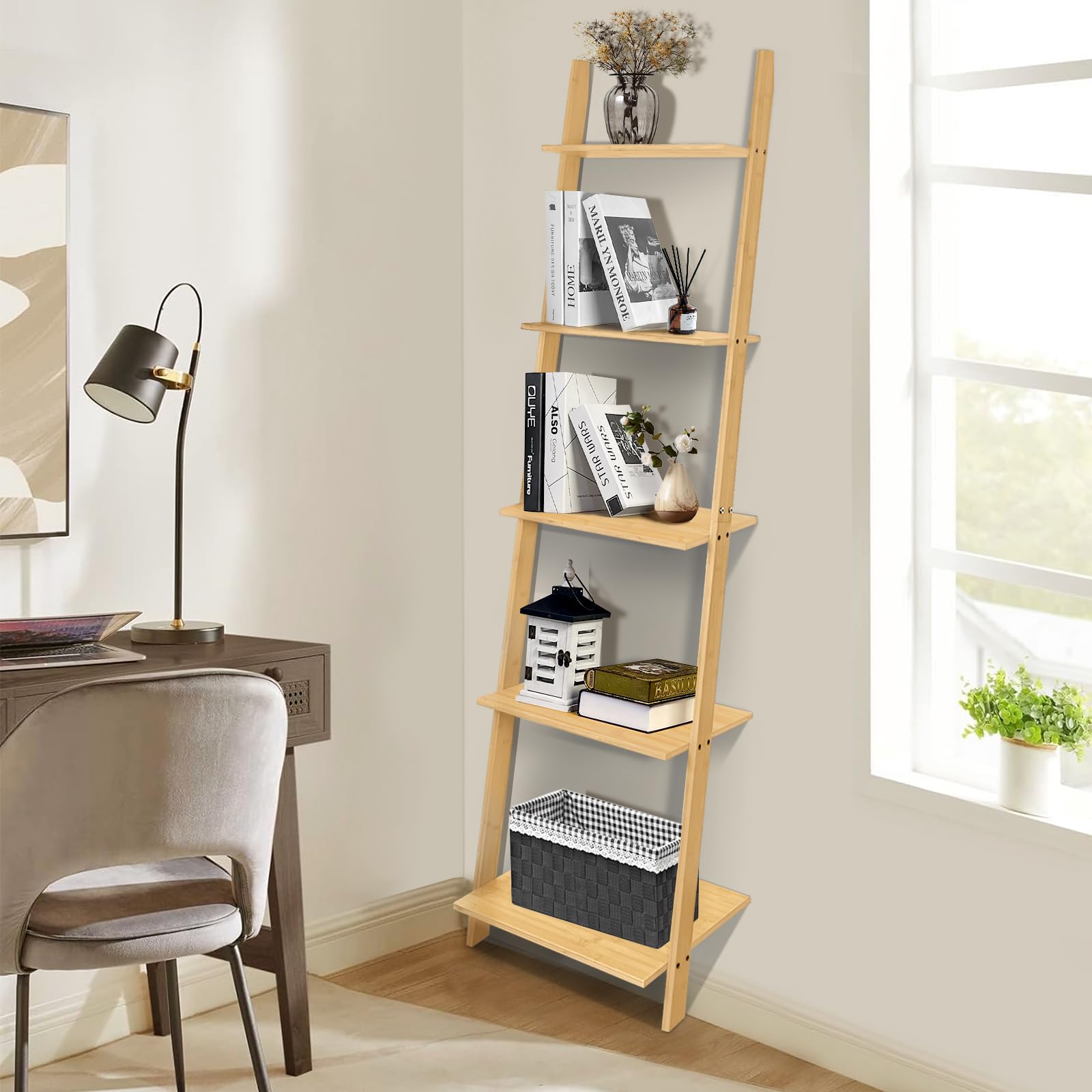 Snapklik.com : Bamboo 5-Tier Ladder Shelf, Wall Leaning Shelf, Corner