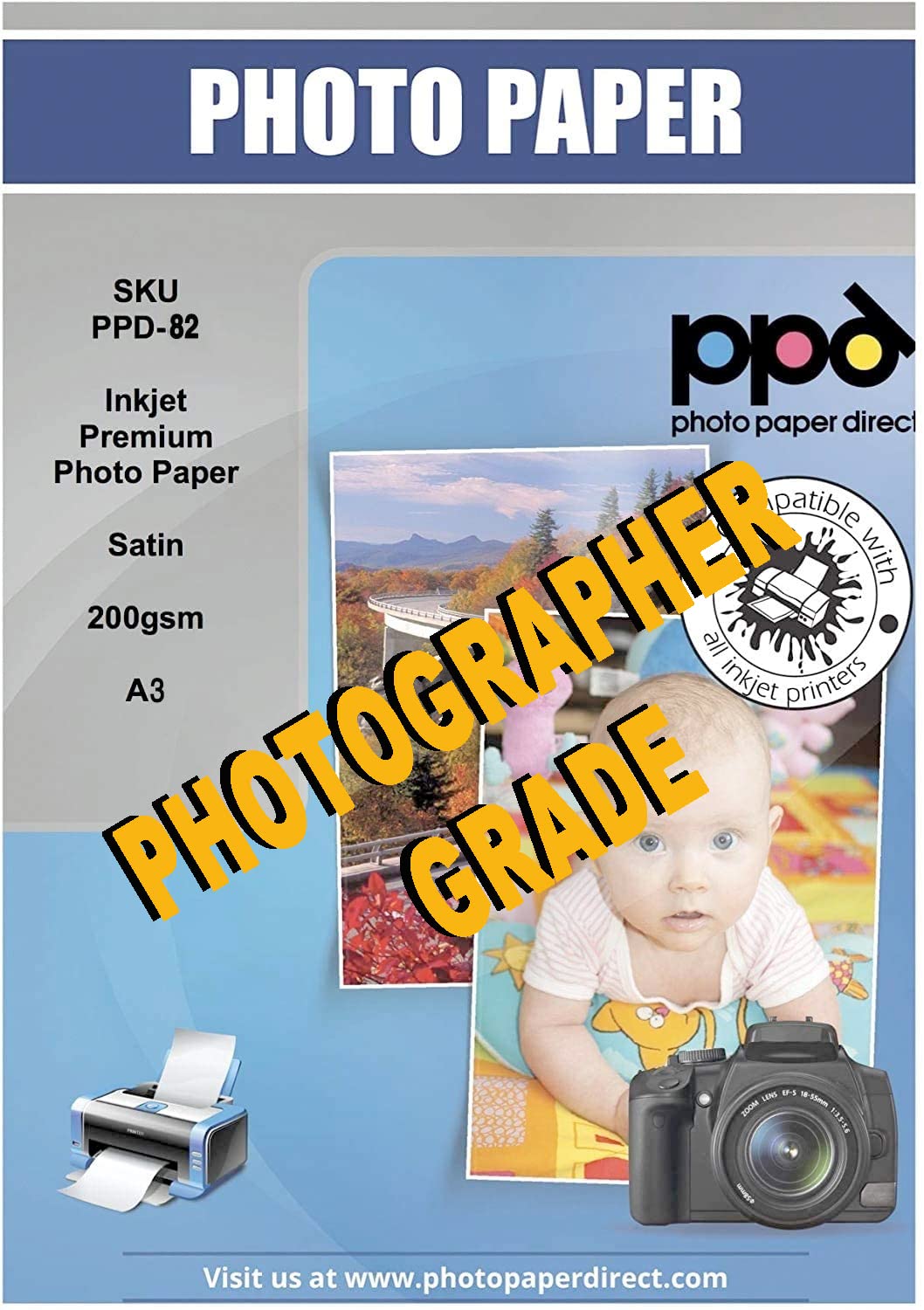 PPD A3 x 50 Feuilles Papiers Photo Super Premium Satiné, Grammage Moyen 200g, Jet d' Encre, Séchage Rapide, Microporeux, Résista