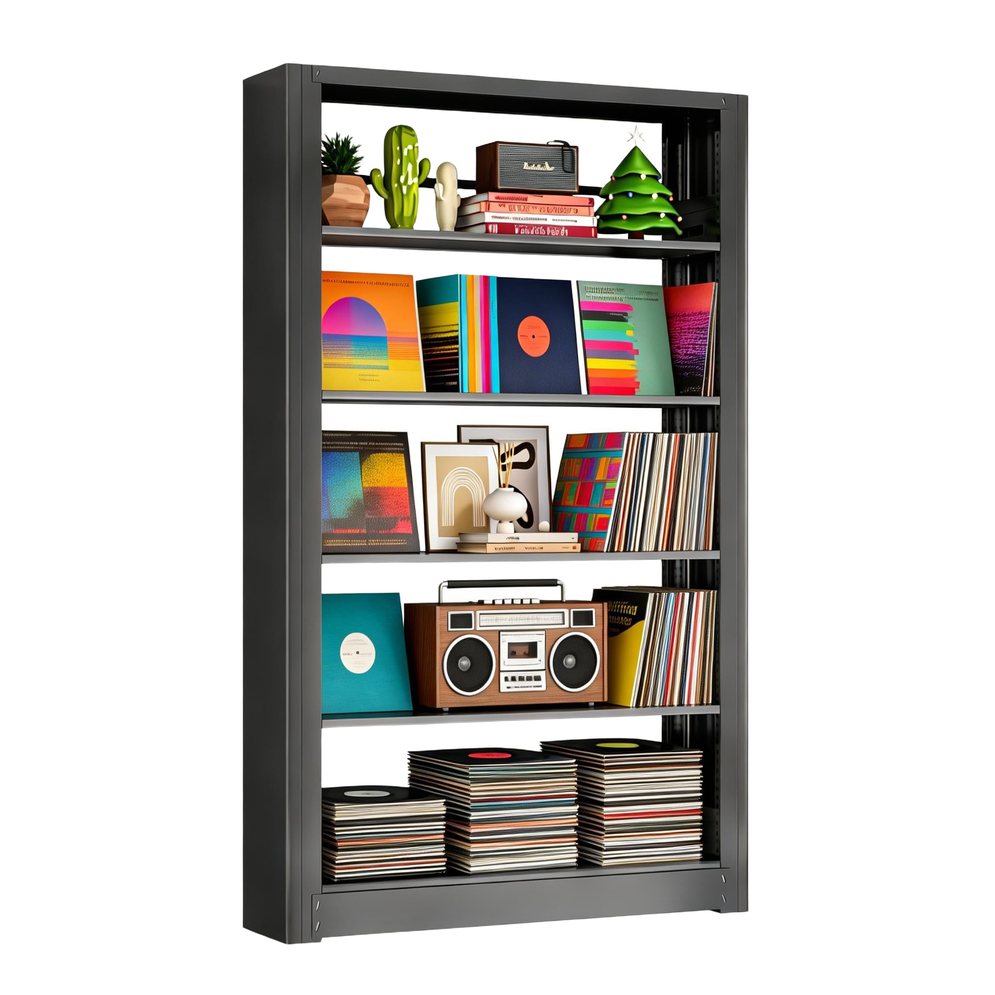 - Large Vinyl Record Storage Shelf, 5 Tier Metal Vinyl Record Stand w/Adjustable Shelves & Book Stoppers, Vinyl Shelf Record Player Stand for Album Storage, Bookshelf Display for Living Room