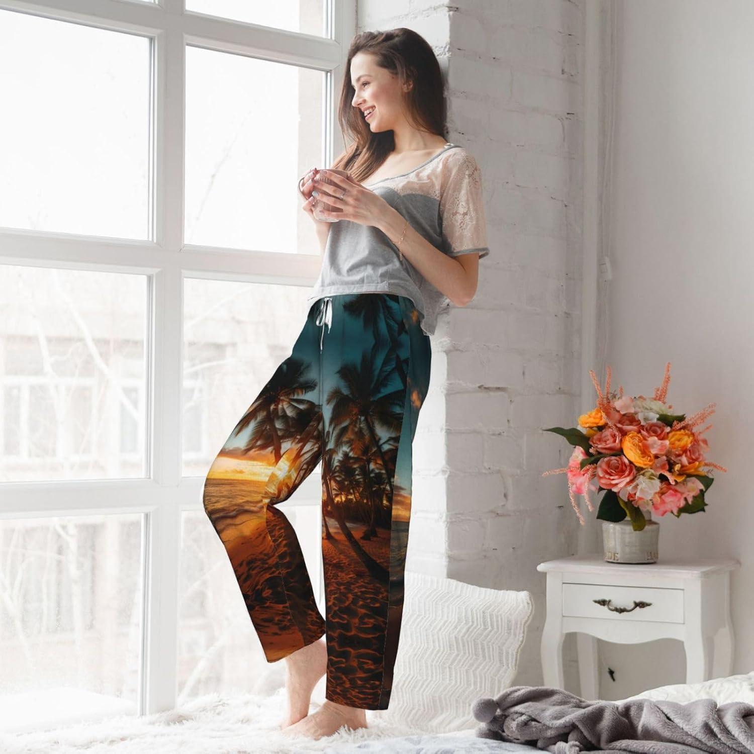 Coconut Sunset Print Cozy Christmas Pajama Pants,Flannel Pajama Bottoms,Cater To Various Body Types