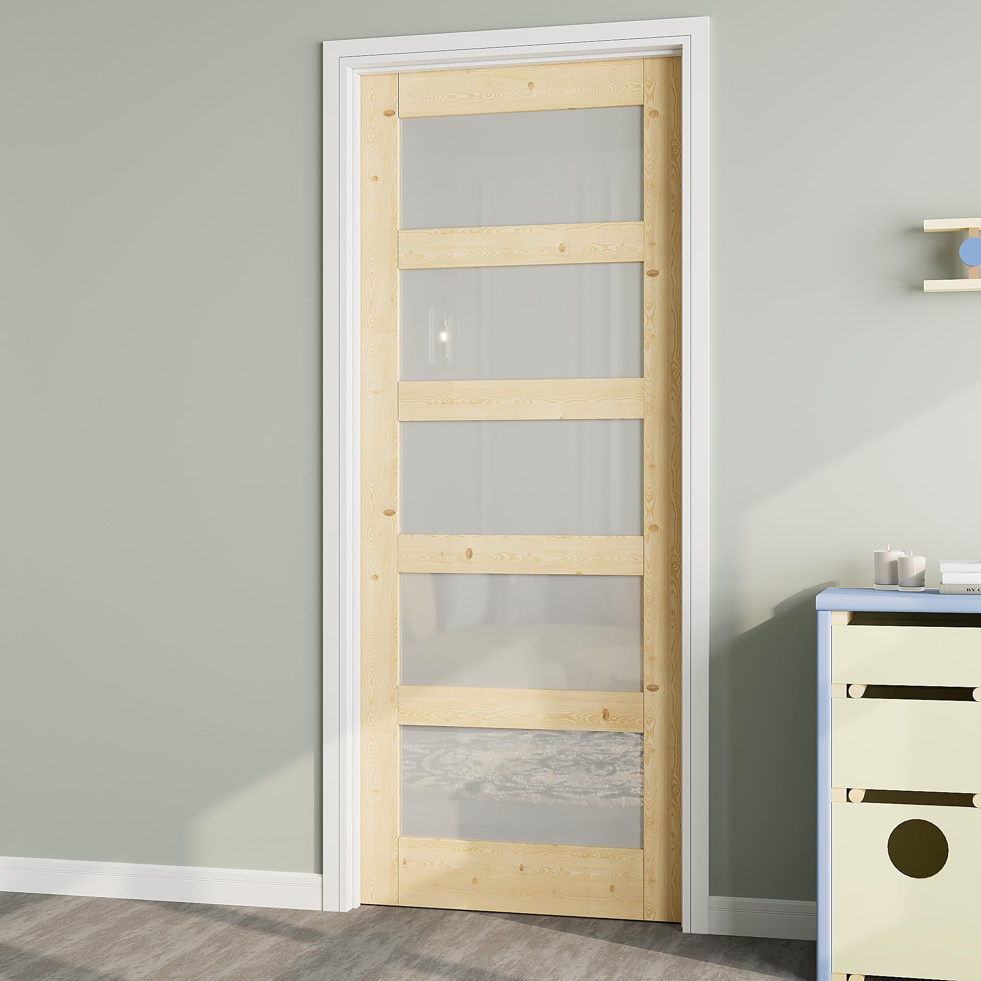 Photo 1 of *** UNFINISHED DOOR***32" x 80" French Doors Slab, Pine 5-Lite Frosted Glass Interior Door for Hallway, Bedroom Door with Window, Unfinished & Ready-to-Stain Pine Door Panel w/o Borehole or Hinges