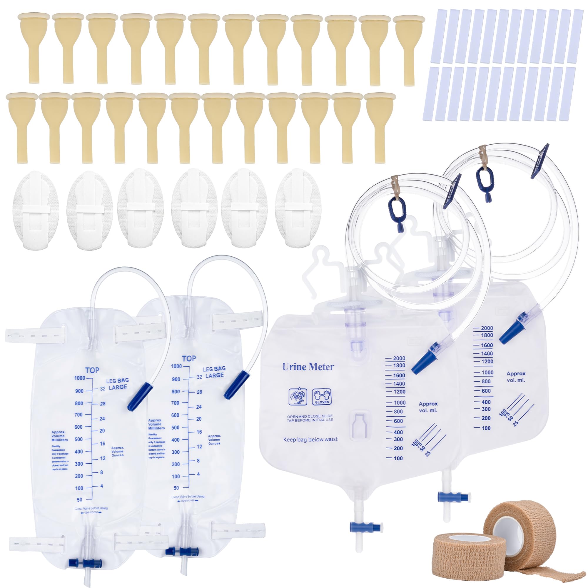 External Condom Catheter for Incontinence for Elderly Men,24pcs 35mm Soft Latex Sets,2 pcs 1000ml Leg Bags,2 pcs 2000ml Urine Bags 6pcs Stabilization Device with 2 Rolls of Tape Male(35mm)
