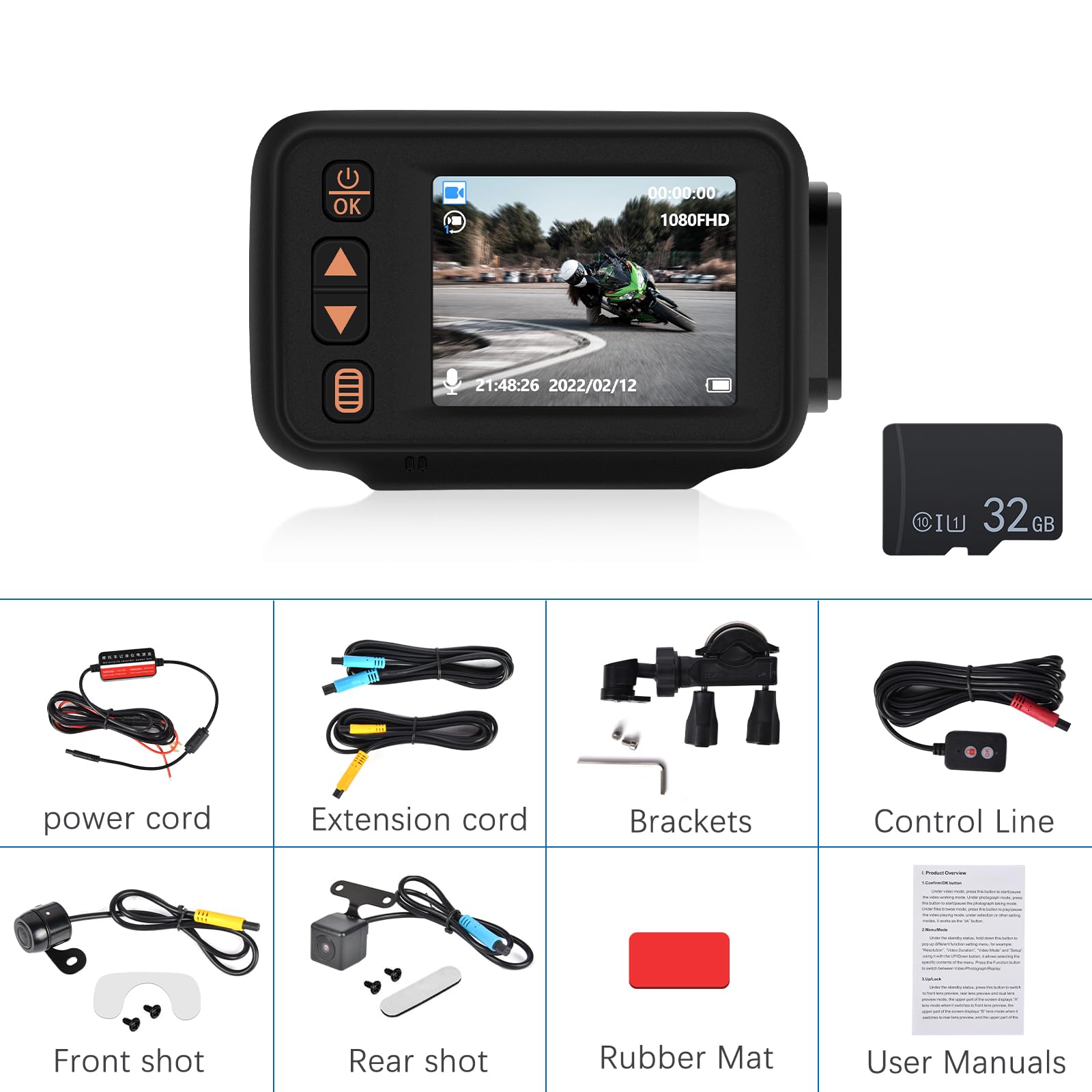 CAMECHO Dash CAM para Moto, Impermeable Total Videocamera Motocicletta AHD 1080P Cámara Delantero y Trasero 150° con GPS Integrado, Wi-Fi, Mando a Distancia con Cable+32GB TF Card