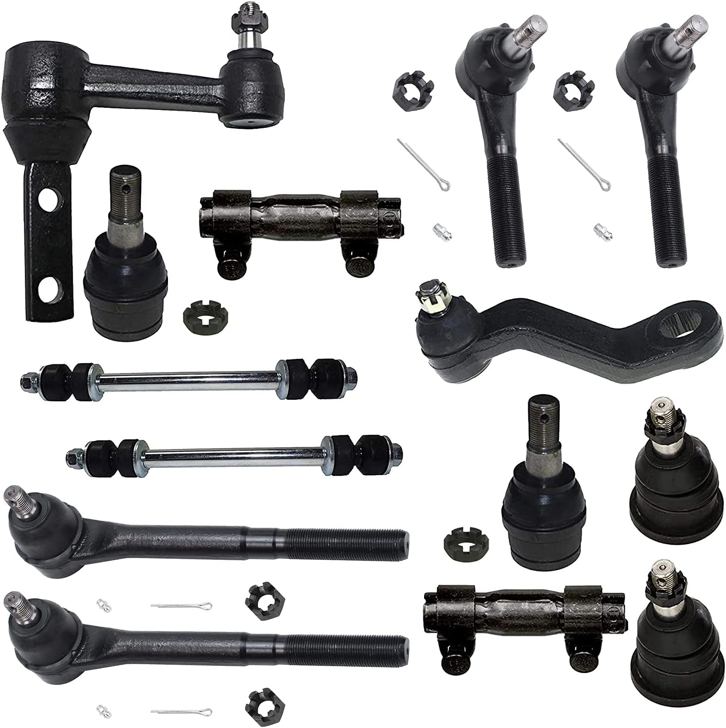 Detroit Axle - Front 14pc Suspension Kit for 2WD 1994-1999 Dodge Ram 2500 3500, 4 Ball Joints 2 Sway Bars 4 Tie Rods 1 Pitman Arm 1 Idler Arm 2 Adjusting Sleeves Replacement 1995 1996 1997 1998