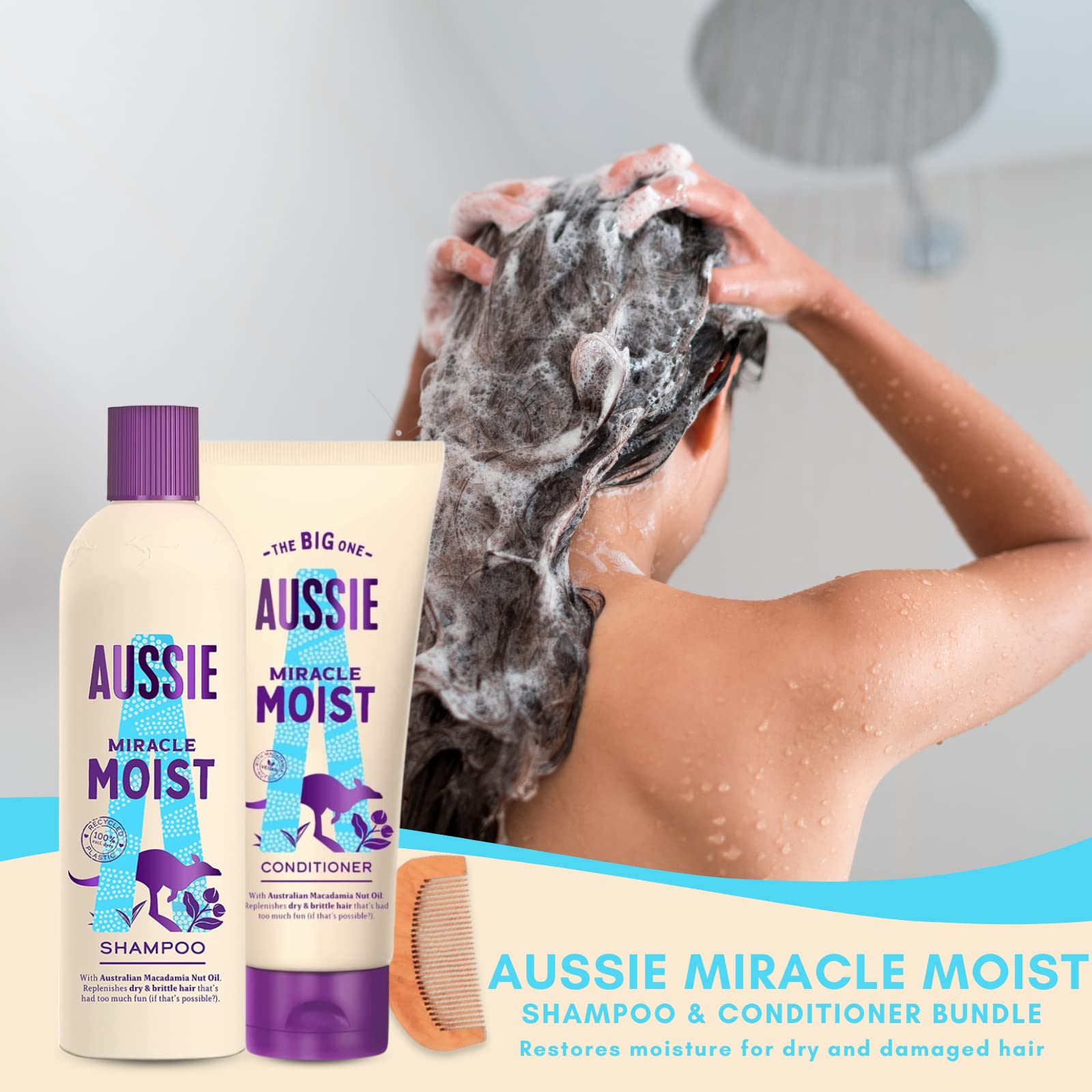 Dry Hair Shampoo Conditioner Set including 1x Aussie Miracle Moist Shampoo 300ml - Image 2