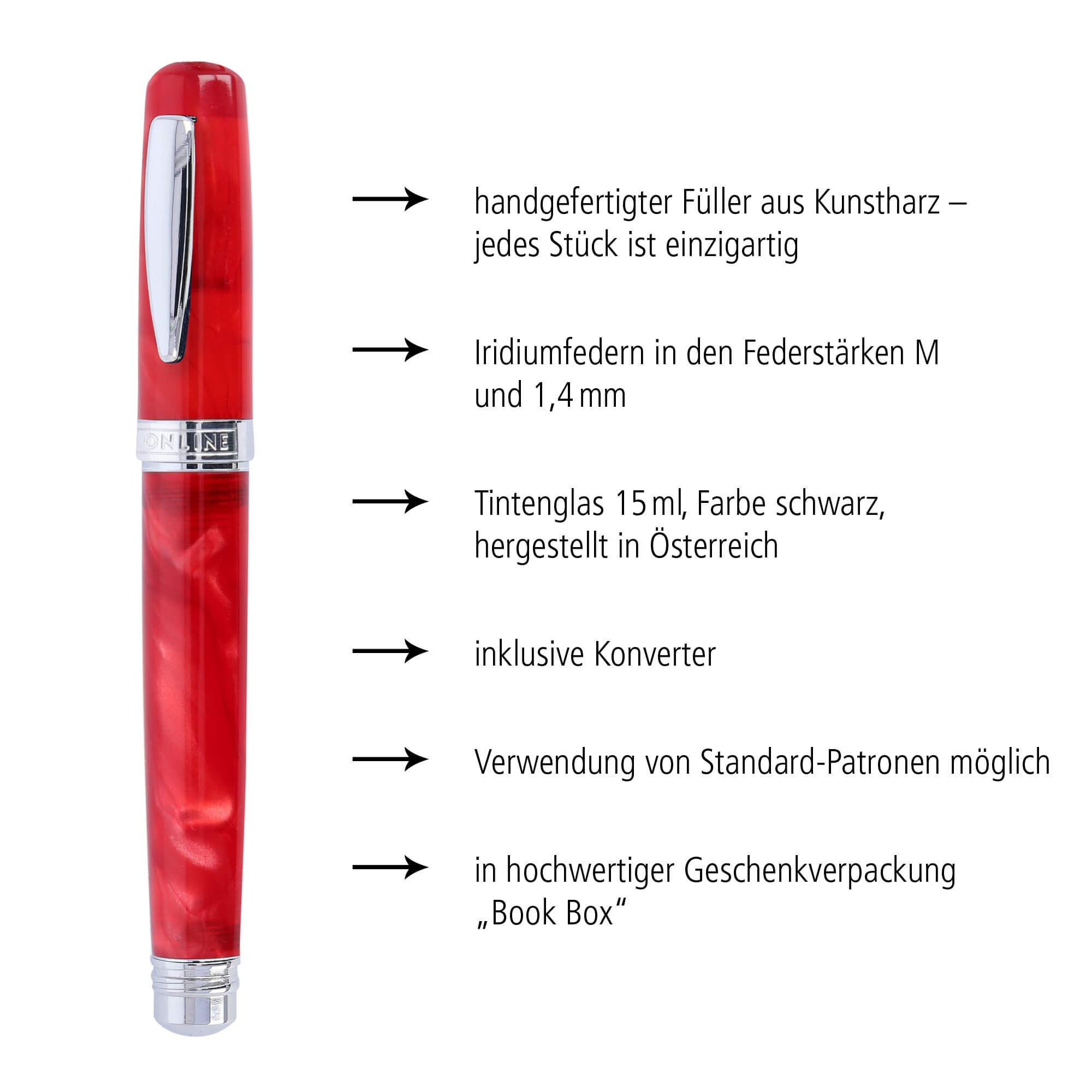 Online Kalligrafie-Set Bohemian Art Rot I Füller aus Kunstharz und Acryl I austauschbare Schönschreib-Federn M (medium) & 1,4 mm I inkl. Tintenkonverter und Tintenfass schwarz I in Geschenkbox, 44040