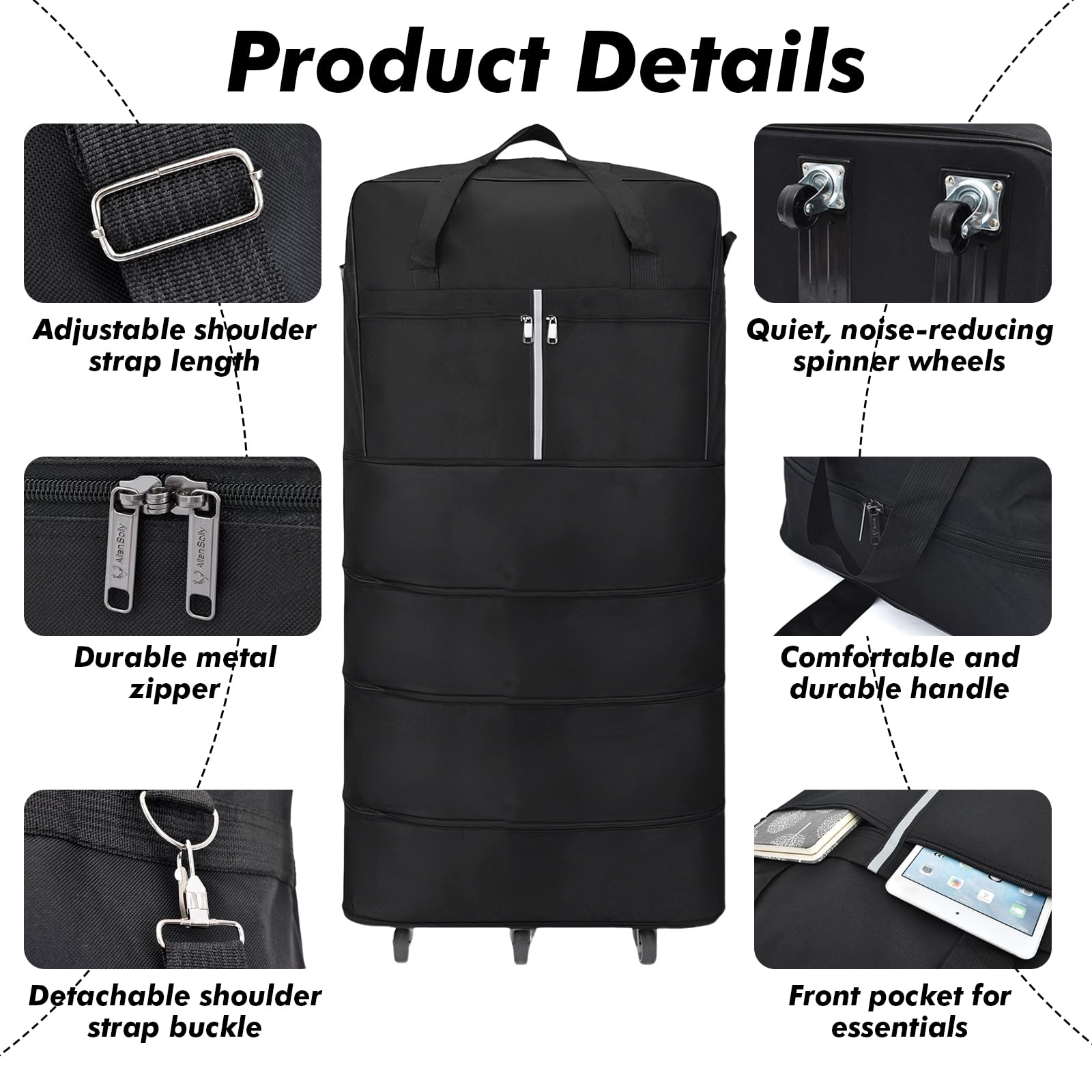 Bolsa de Viaje con Ruedas, 110 cm Bolsa de Viaje Plegable Expandible con Ruedas y Correa de Hombro, Almacenamiento para Hombres y Mujeres, 110 x 52 x 30 cm