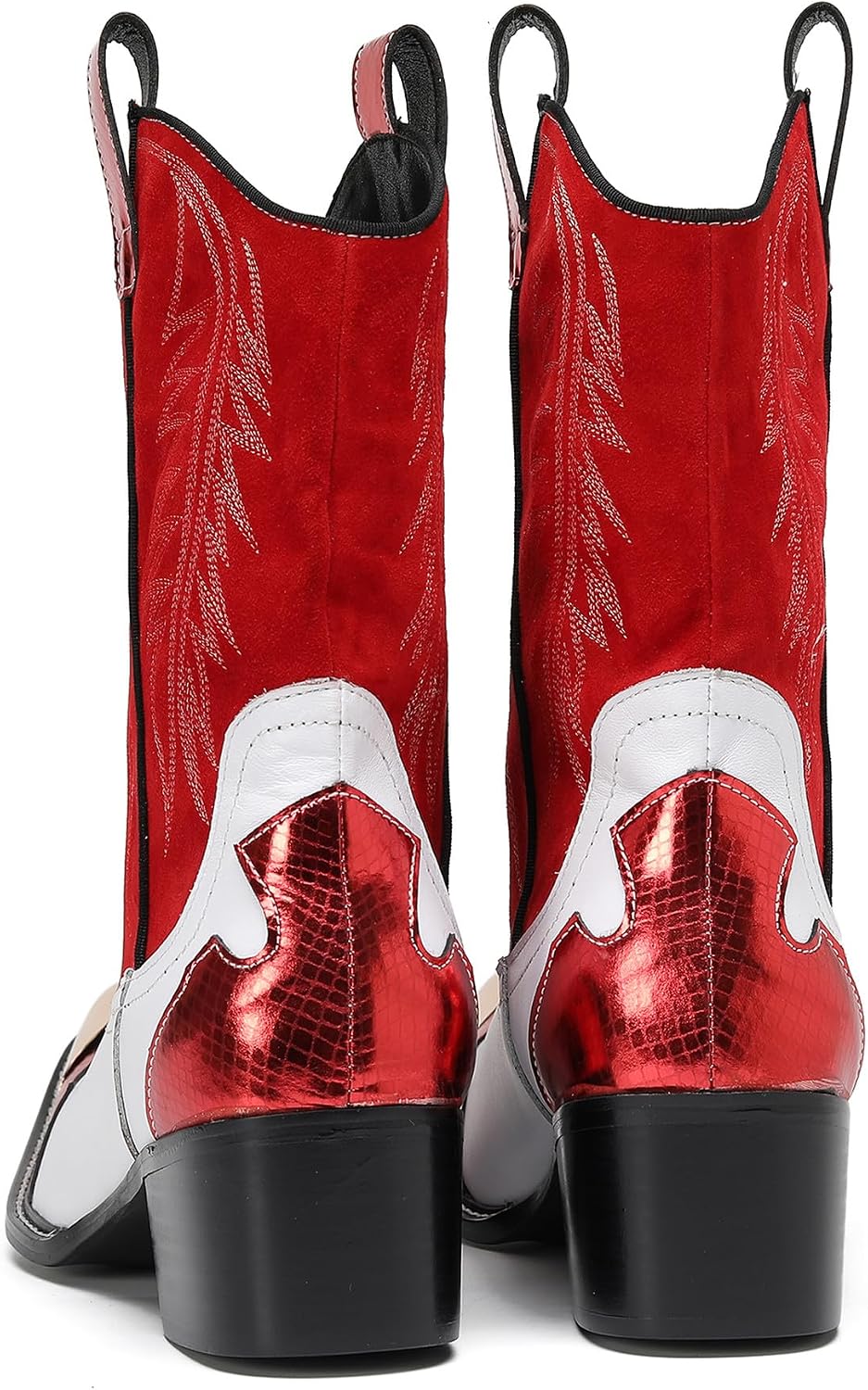 Santimon Men's Cowboy Western Boots with Cowhide Leather, Red & White Design - Comfortable Pull On Casual Mid Calf Boots for Retro Embroidered Rodeo Festival Party