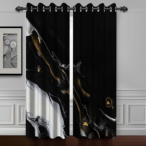 Baocicco Cortinas opacas de mármol negro para ventana, textura blanca abstracta, cortinas de oscurecimiento de mármol con ojales inoxidables, arte