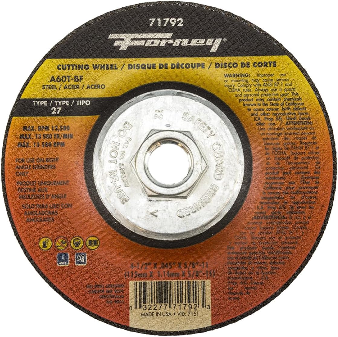 Forney 71792 Cut-Off Wheel, Metal Type 27, 4-1/2" x .045" x 5/8"-11