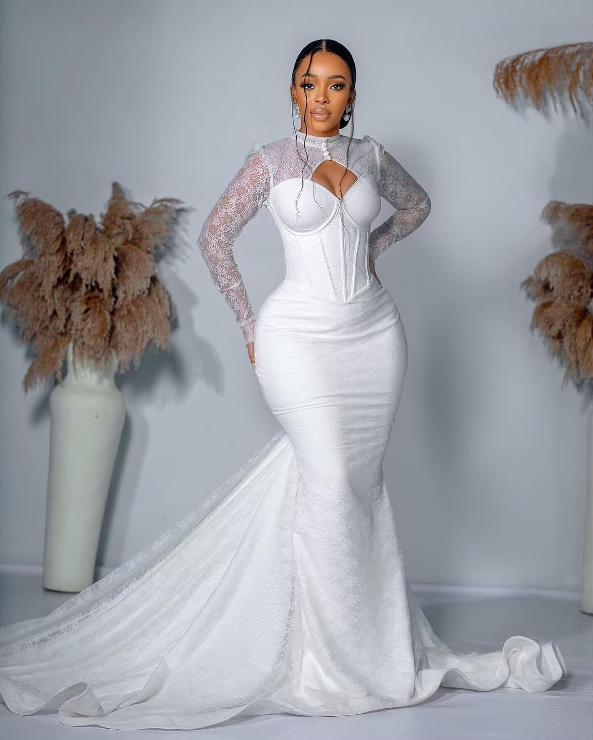 Long Sleeve Mermaid Wedding Dresses for Bride ASO EBI African Civil Lace Bridal Gowns