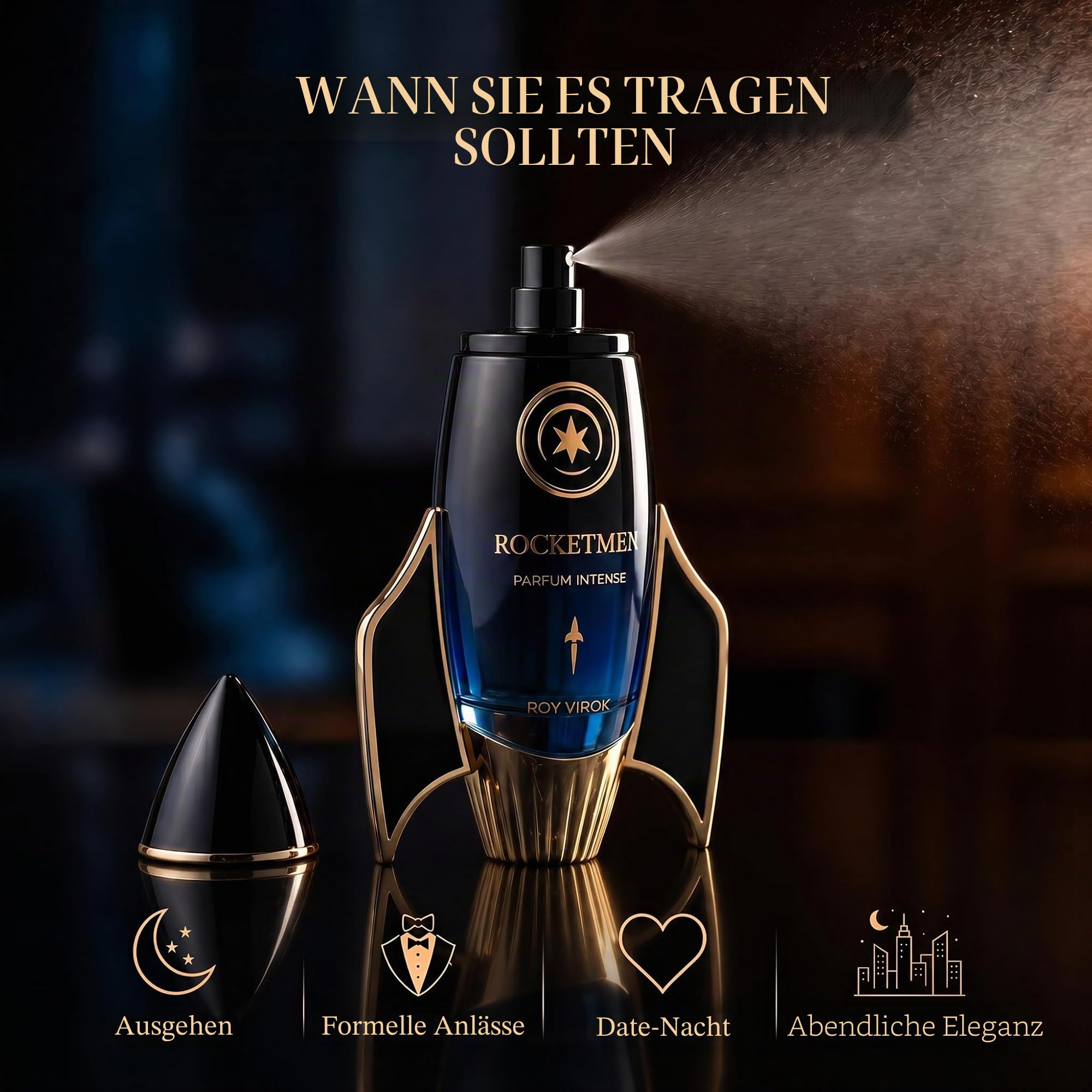 ROCKETMEN Parfum Intense 30% - Parfüm Herren 100 ml, holzig & langanhaltend | Herren Parfüm mit starker Projektion und eleganter Sillage. Würzig-holziger Fougère-Duft im unverwechselbaren Raketenflakon.