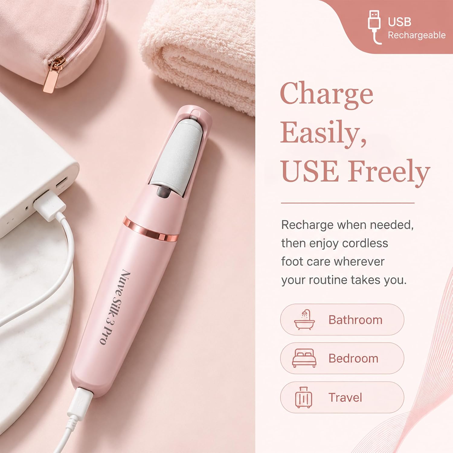 Callus Remover for Feet, Rechargeable Electric Foot File with 2 Speeds, 2 Washable Roller Heads, Gentle Foot Scrubber for Dry Rough Heels, Pink thumbnail