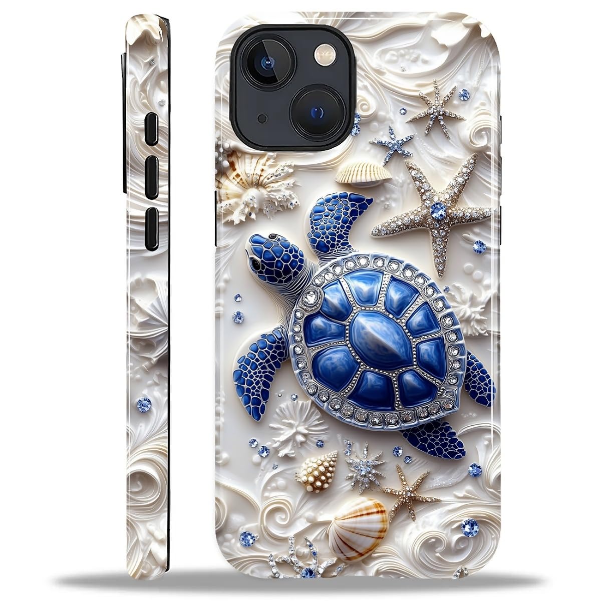 MQJCYB Case for iPhone 14 Plus, Hybrid Heavy Duty 2 in 1 Full Body Rugged Shockproof Protection Glossy Case for iPhone 14 Plus - Sea Turtle Starfish