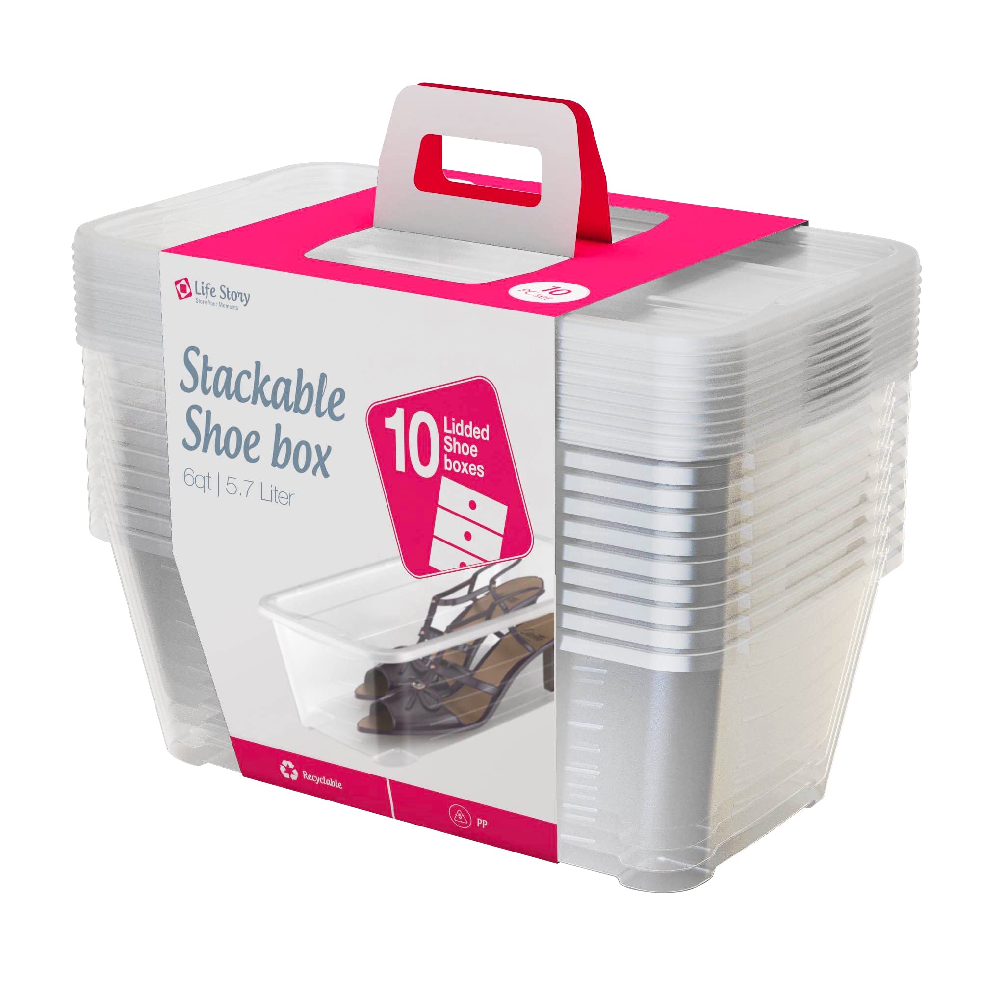 Life Story 6 Liter Shoe Accessory and Closet Plastic Storage Box Multi-Purpose Lidded Stacking Tote Containers Clear 160