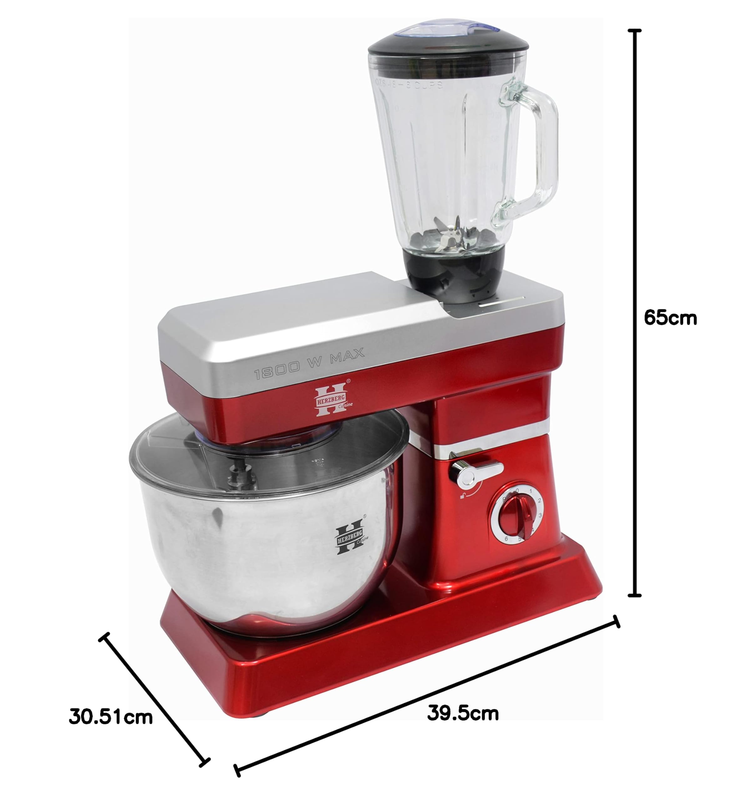 Herzberg, HG5065-RD, Robot Petrin Multifonction, Blender en Verre 1.7L, Puissance 1800 W max, Réglage de 6 Vitesses, Capacité du Bol 6.5L, Inox, Couleur Rouge