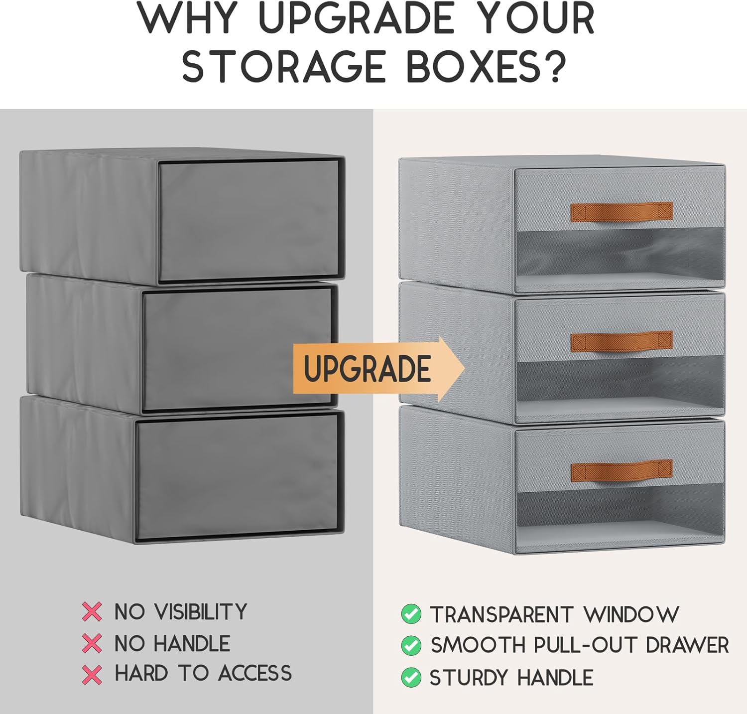 Large Closet Storage Bins - 6 Pack Pull-Out Stackable Fabric Boxes with Clear Window, Foldable Closet Visible Storage Container for Bedroom, Living Room, Home Shelves, Grey