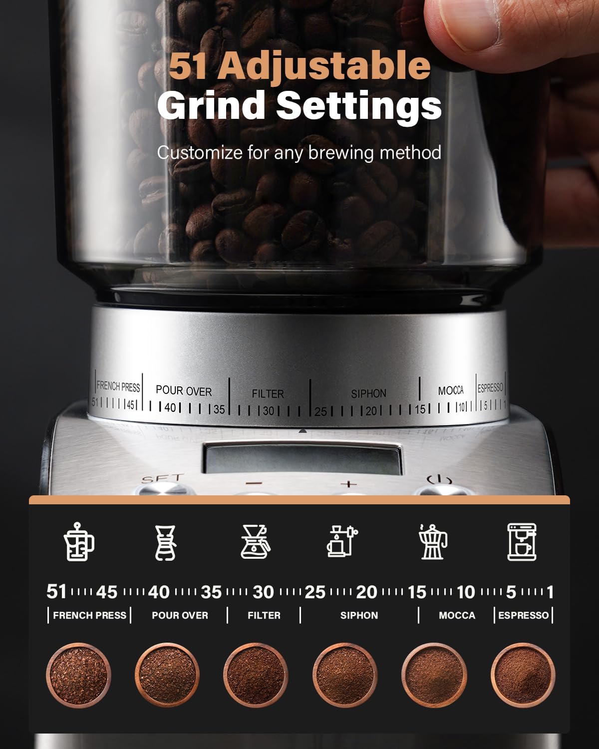KIDISLE - Molinillo de café cónico eléctrico, molinillo de café para uso doméstico, molino de rebabas con 51 ajustes de molienda, temporizador electrónico de precisión, recipiente de acero inoxidable